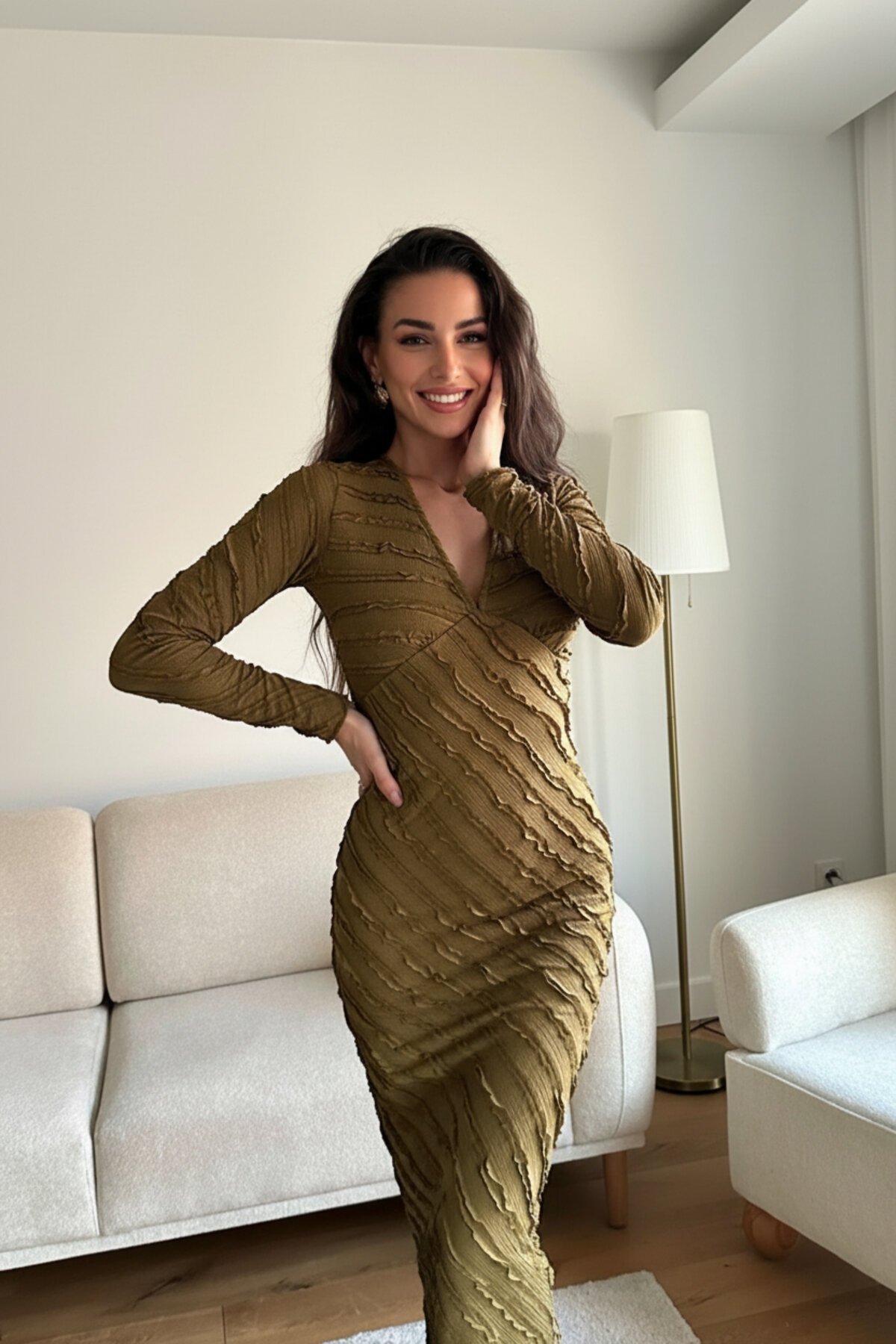 Long V-Neck Reverse Stitch Dress - Green - MOZENA