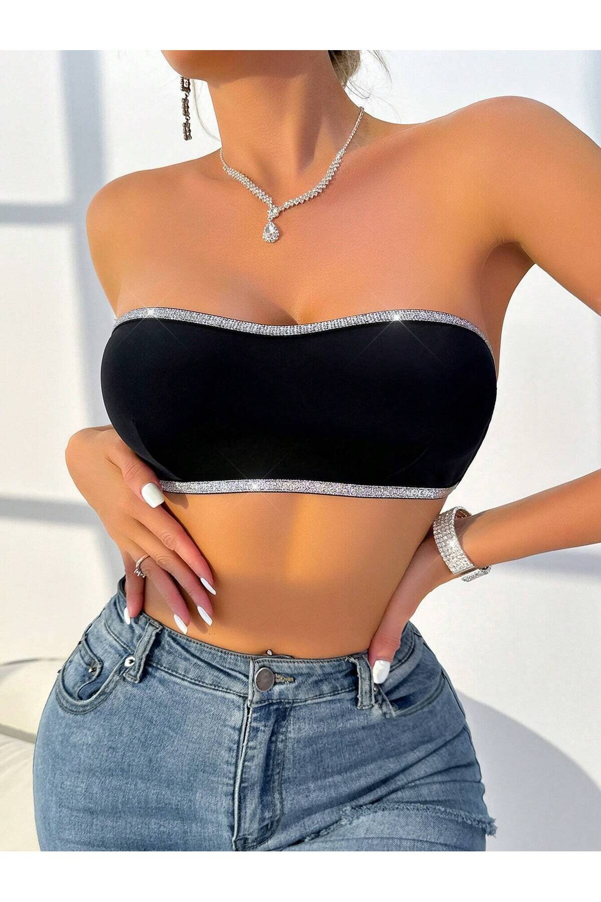 بستييه قصير بدون حمالات أسود لامع بتفاصيل مطاط متقاطع - my cherie