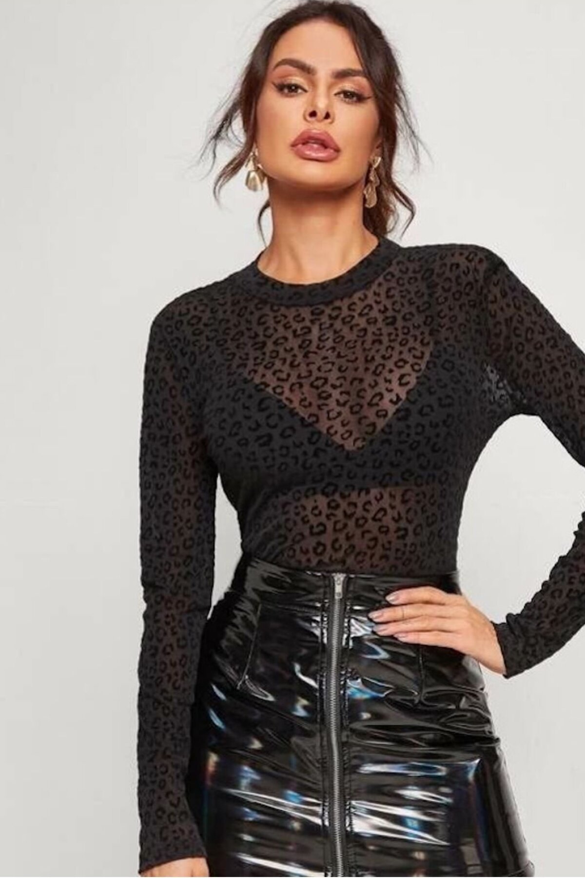 Sexy Leopard Textured Sheer Sleeved Snap Closure Bodysuit - Black - my cherie