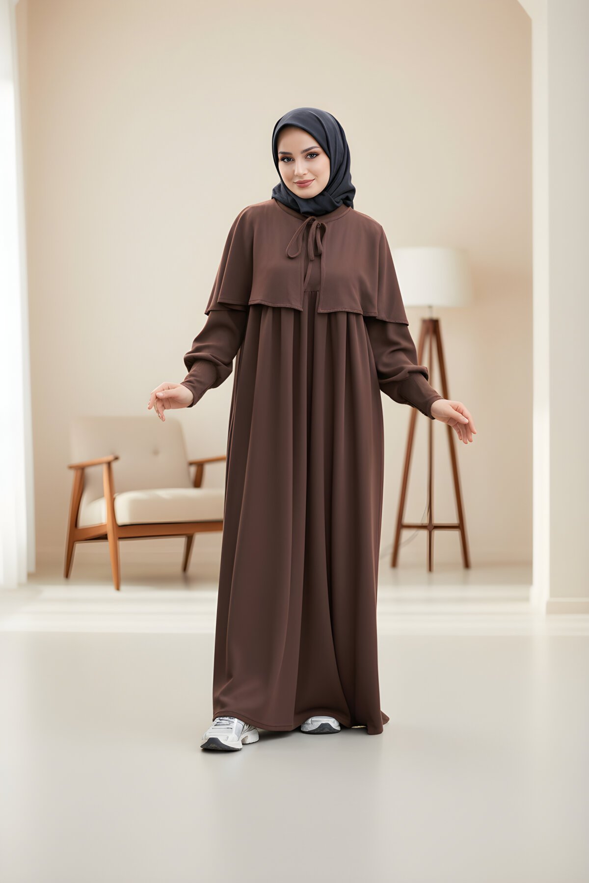 Knitted Caped Modest Dress - Bitter Brown - Nissra