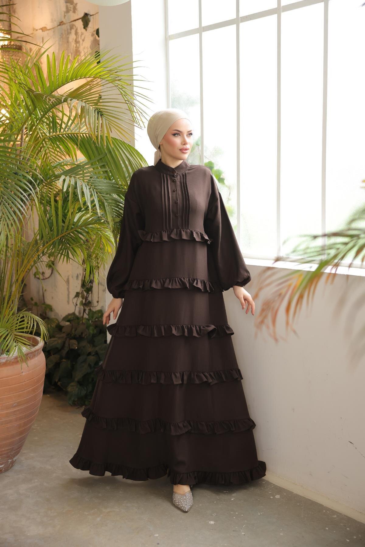 Relaxed Fit Ruffled Modest Dress - Mocha - Nissra