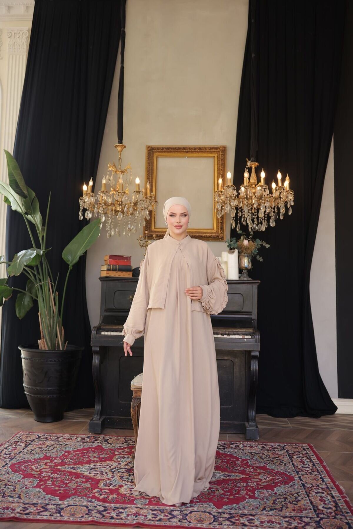 Modest Ruffle-Detail Belmando Jacket Two-Piece Set - Beige - Nissra