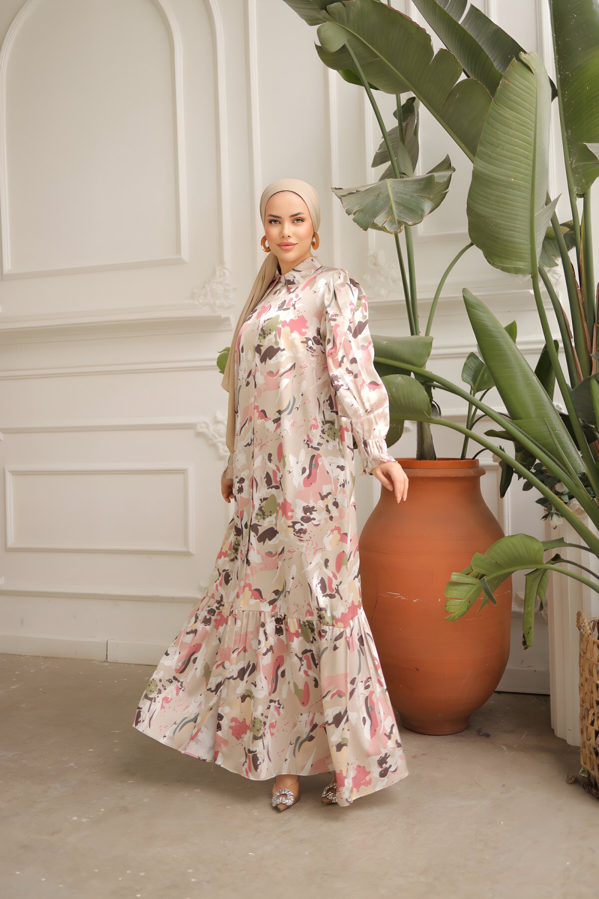 Modest Patterned Satin Shirt Collar Full-Button Dress - Beige - Nissra