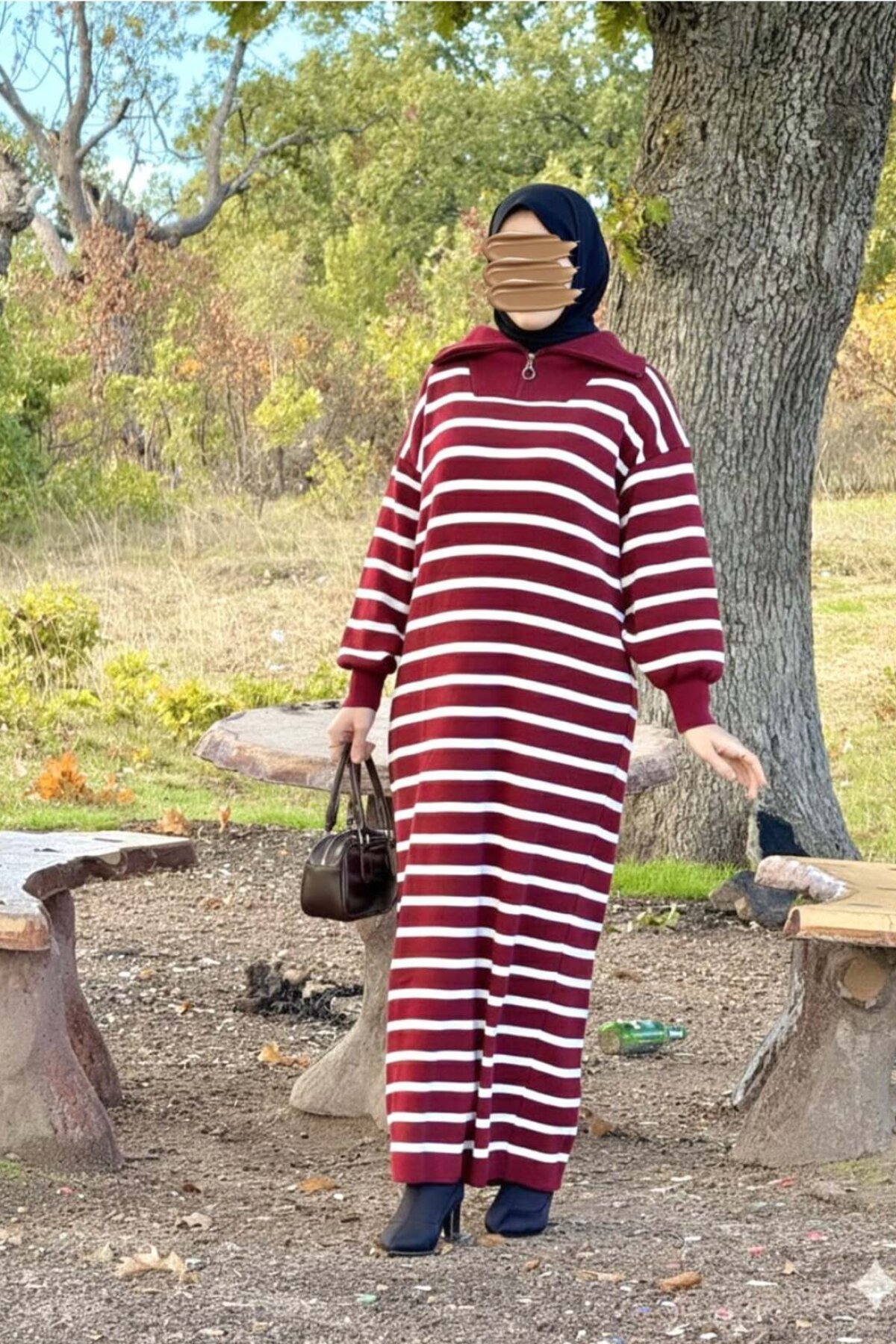 Bordo Çizgili Triko Fermuar Yakalı Tesettür Elbise - Nissra