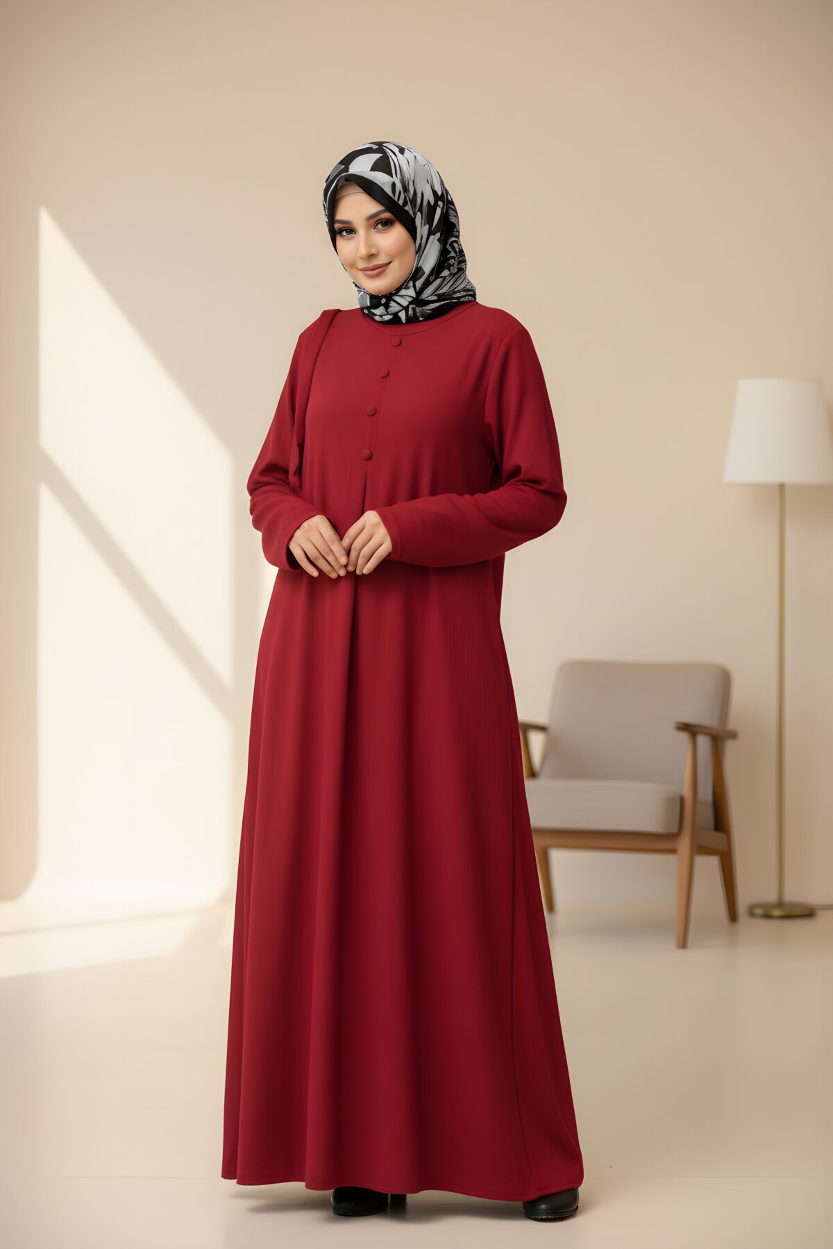 Bordo Örme Kaplama Düğmeli Kolluklu Elbise