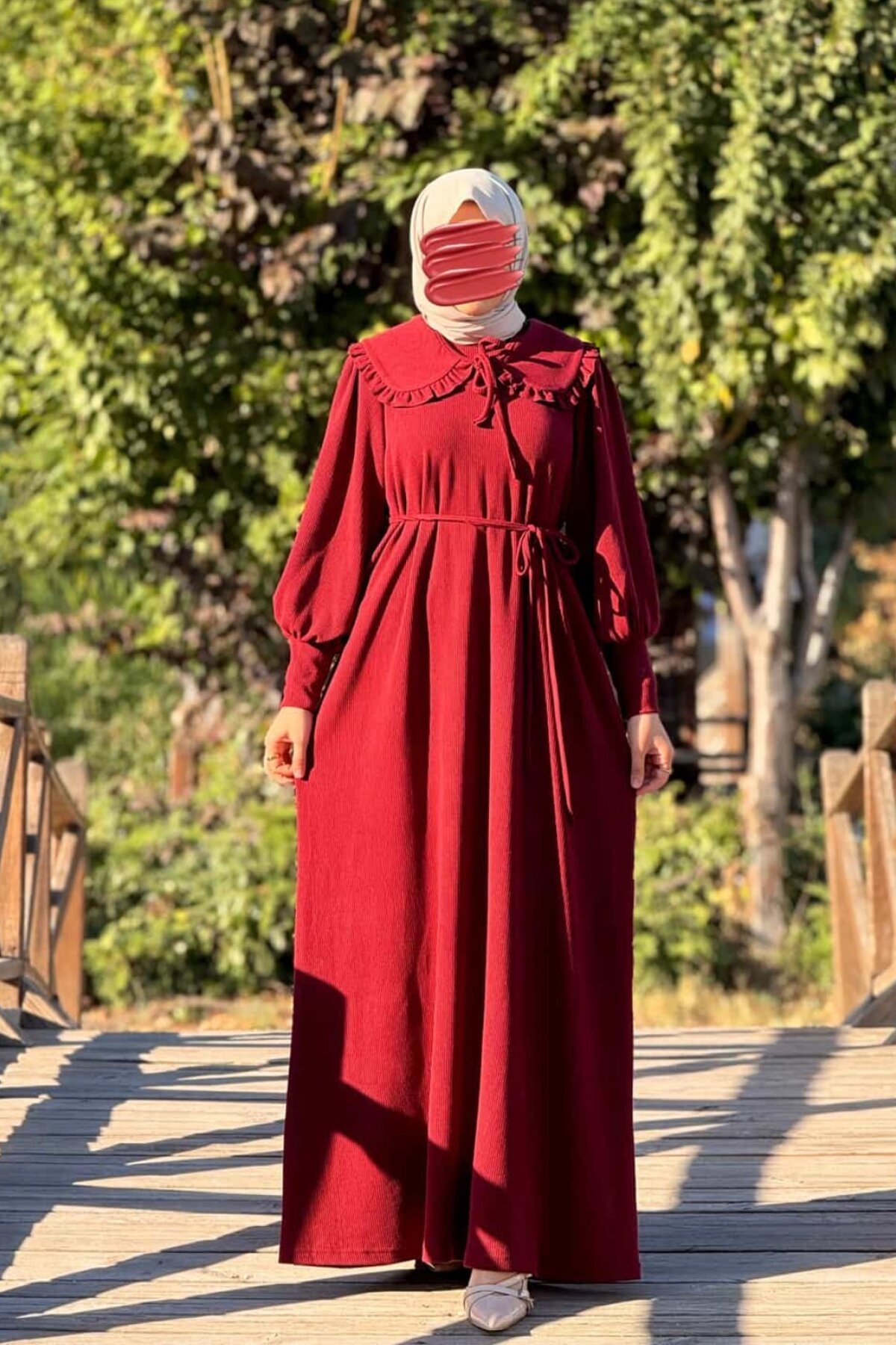 Bordo Örme Seyyar Bebe Yakalı Tesettür Elbise - Nissra