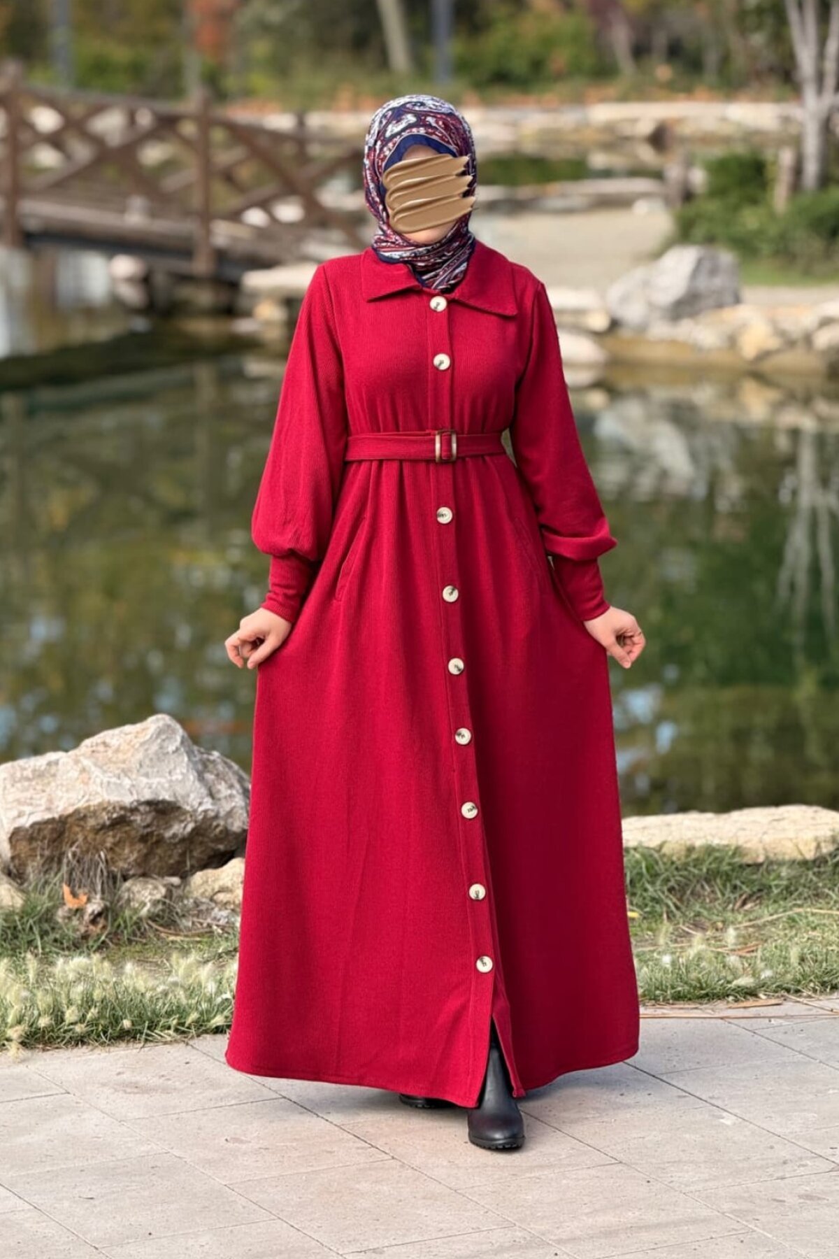 Bordo Örme Toka Kemerli Ferace - Nissra