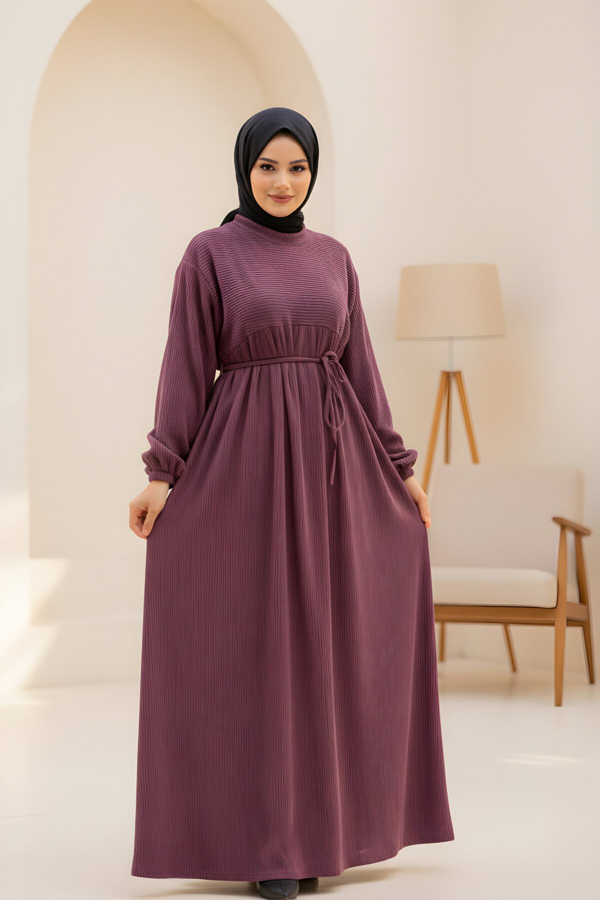 Oversize Knitted Yoked Modest Dress - Maroon - Nissra