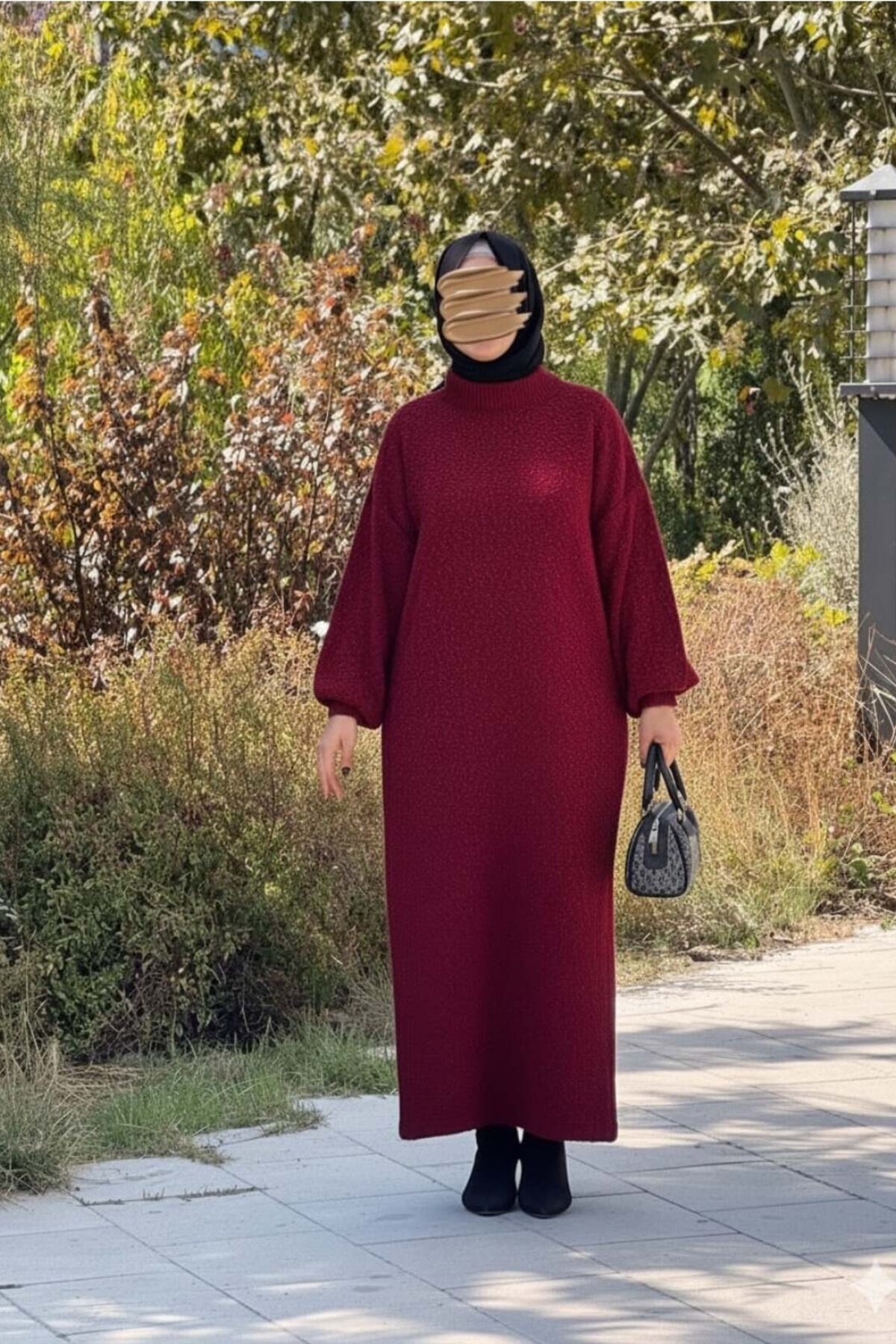 Bordo Triko Oversize Tasarım Tesettür Elbise - Nissra