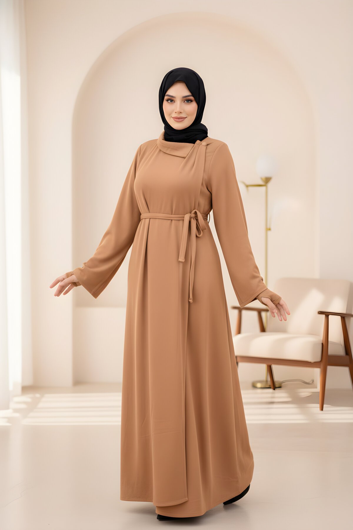 Knitted Wrap-Sleeve Modest Dress - Camel - Nissra