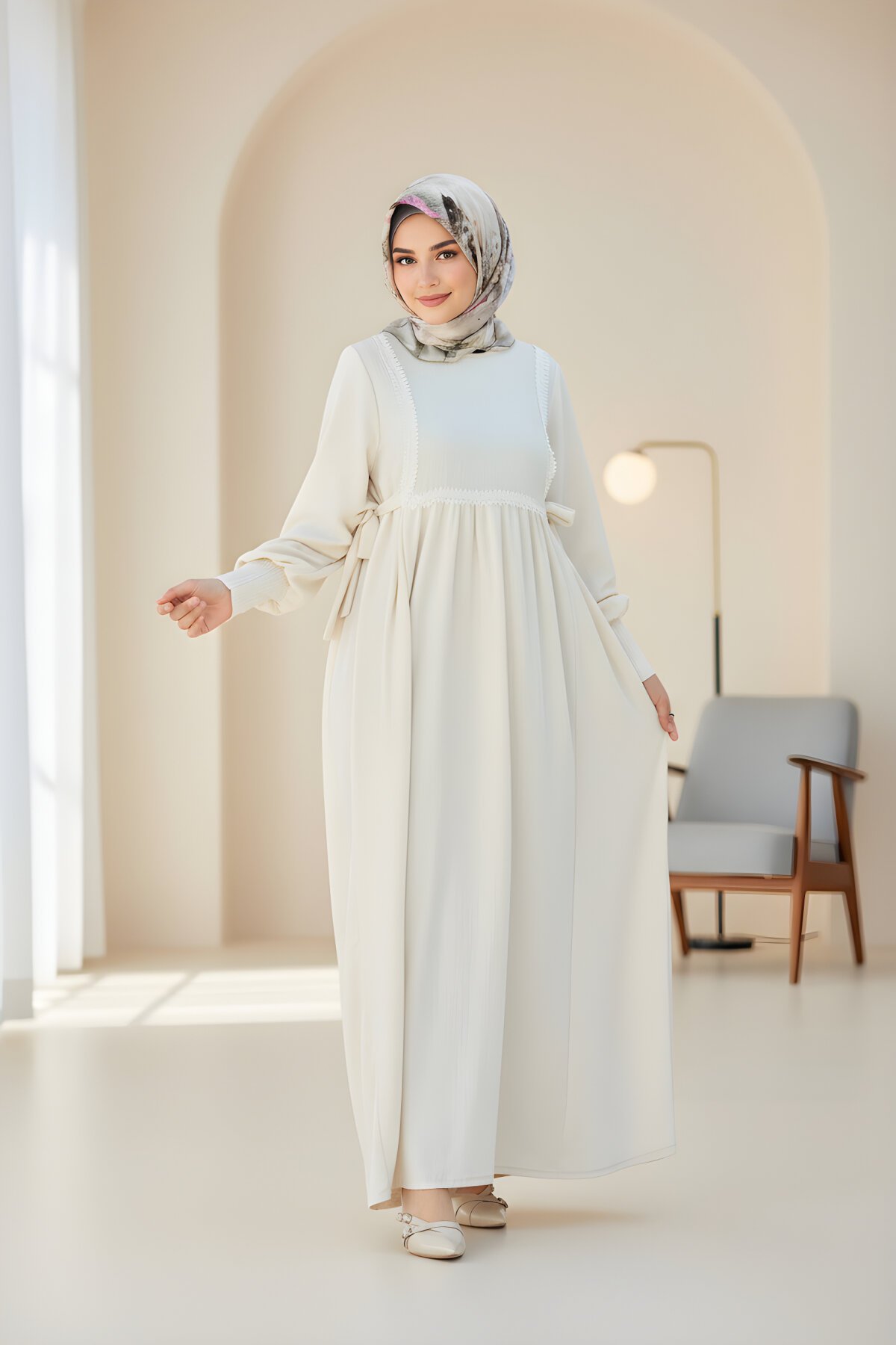 Modest Knitted Lace-Detail Side-Tie Dress - Ecru - Nissra