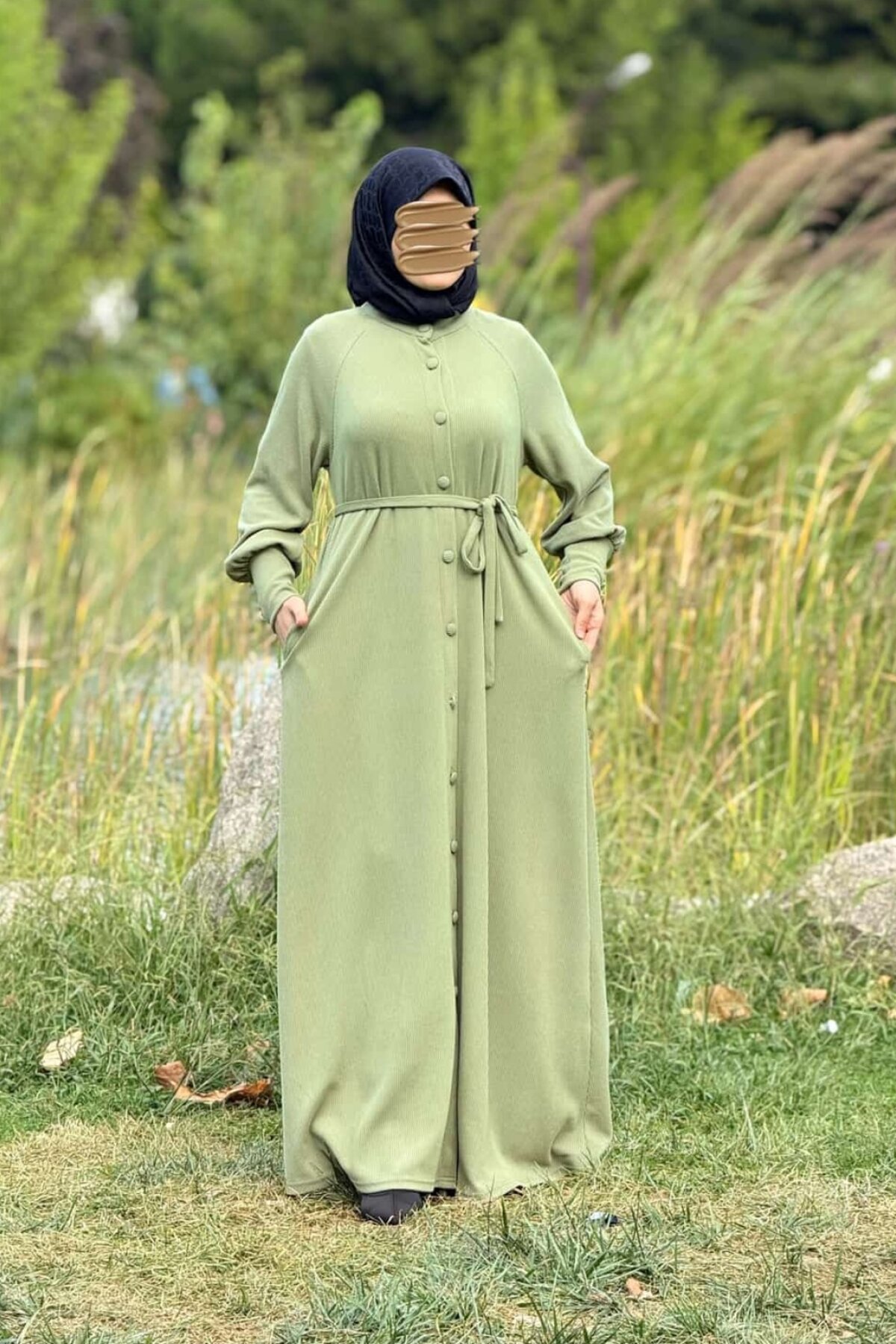 Fıstık Örme Reglan Kollu Kaplama Düğmeli Ferace - Nissra