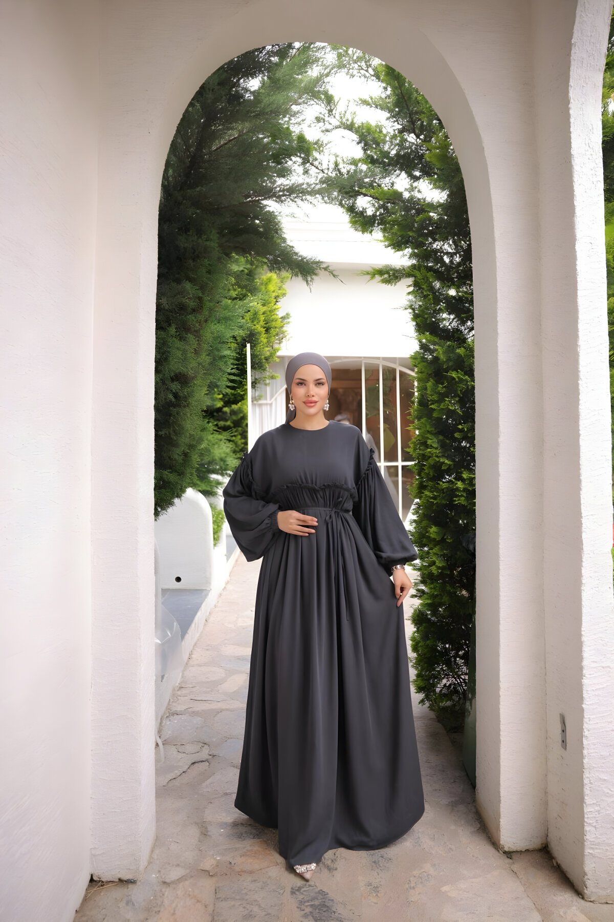 Oversize Gathered Yoked Modest Dress - Charcoal - Nissra