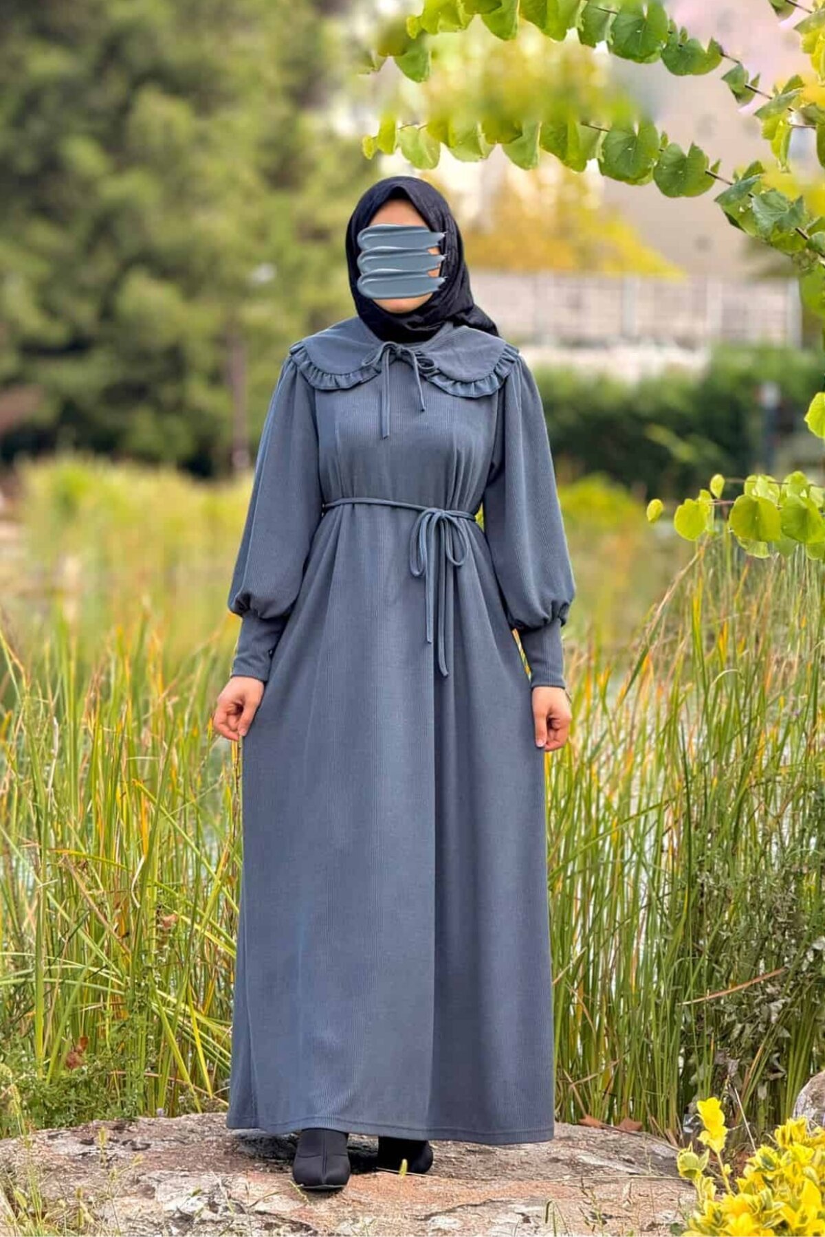 Gri Örme Seyyar Bebe Yakalı Tesettür Elbise - Nissra