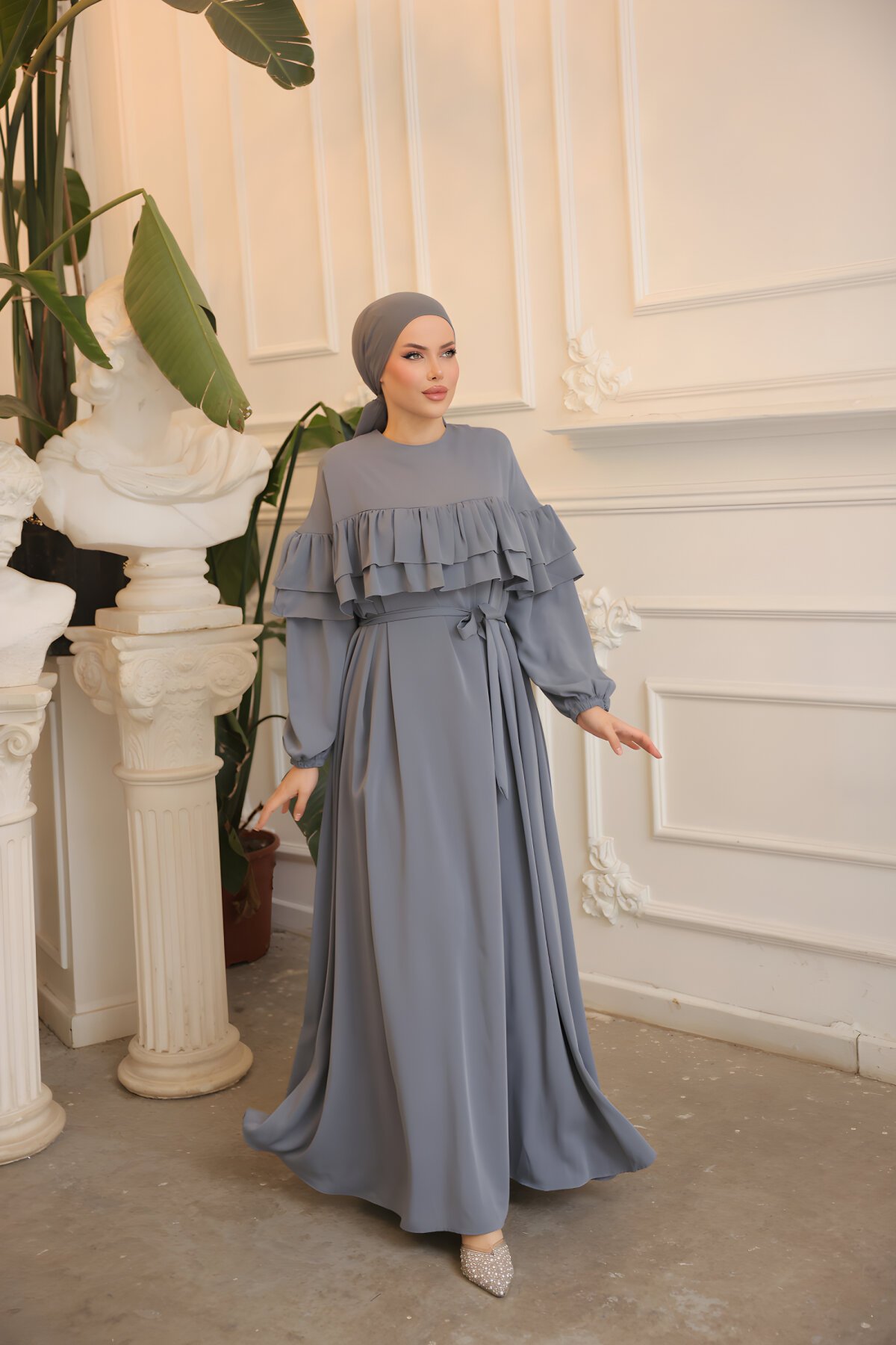 Relaxed Double-Ruffled Modest Dress - Grey - Nissra