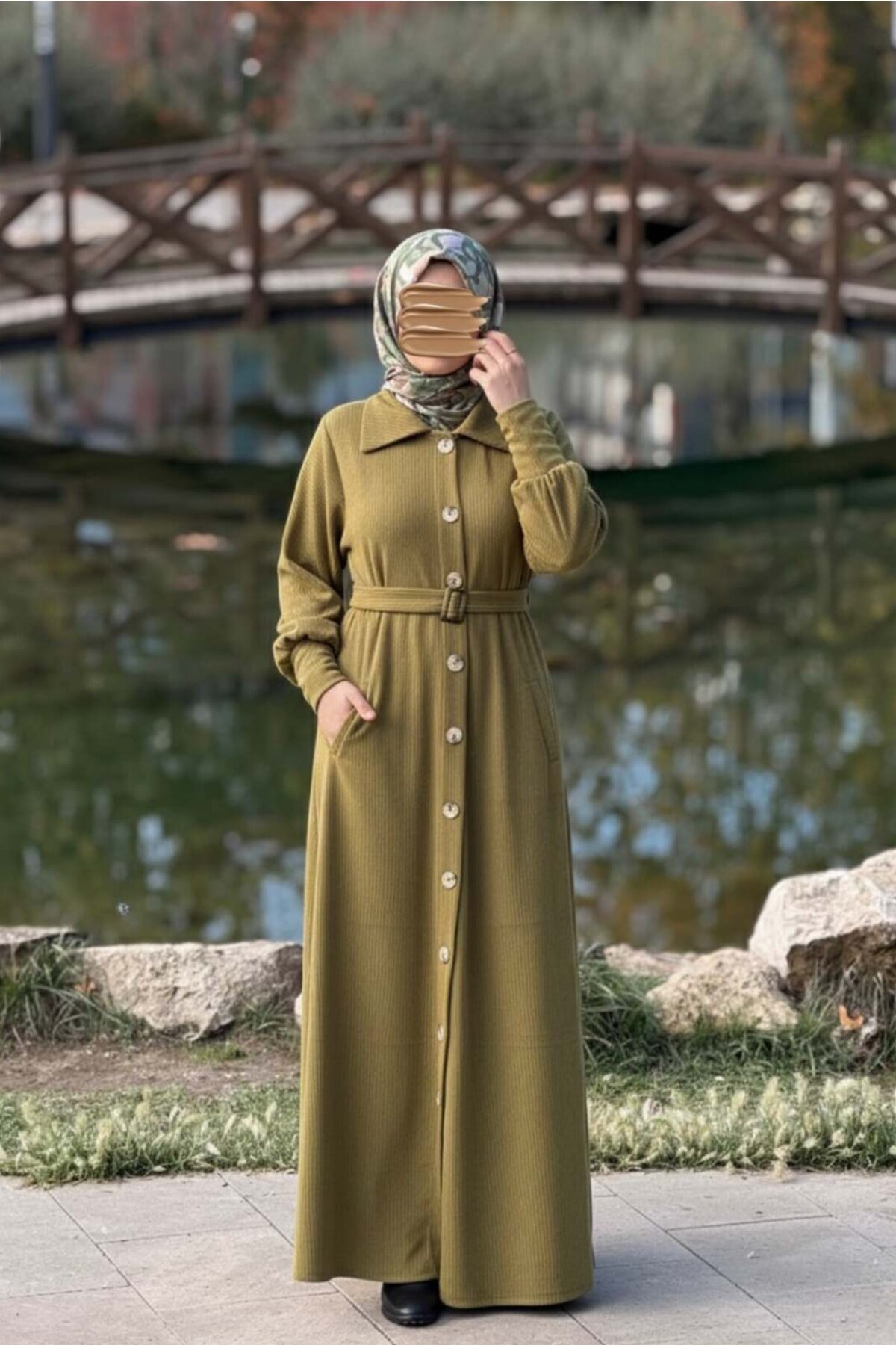 Haki Örme Flato Cepli Toka Kemerli Ferace - Nissra