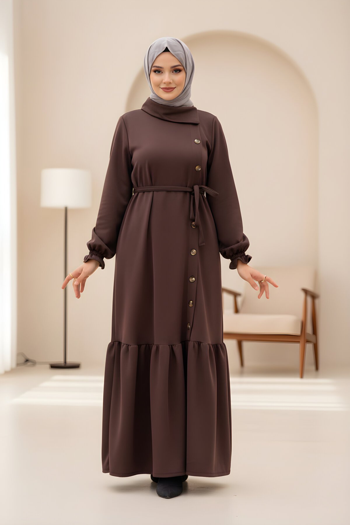 Wrap Knitted Side-Button Modest Dress - Brown - Nissra