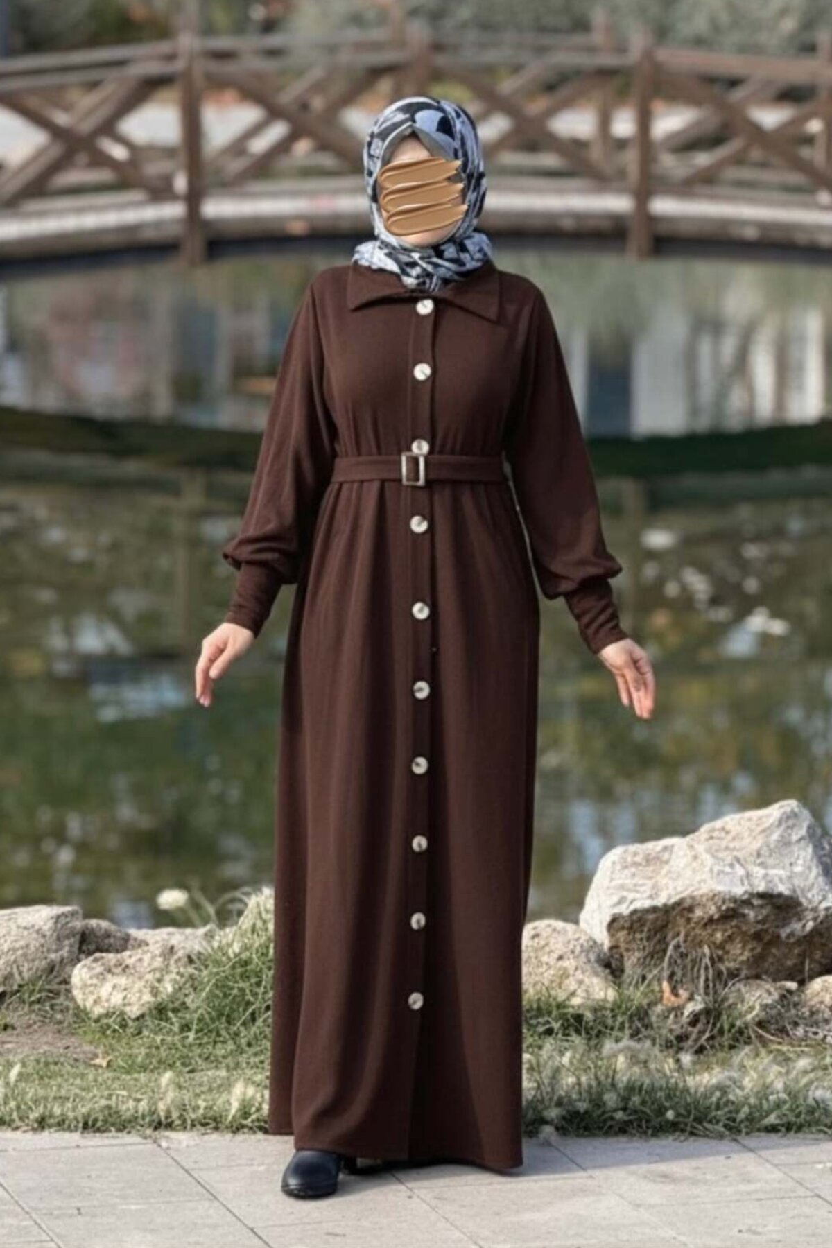 Kahve Örme Flato Cepli Toka Kemerli Ferace - Nissra