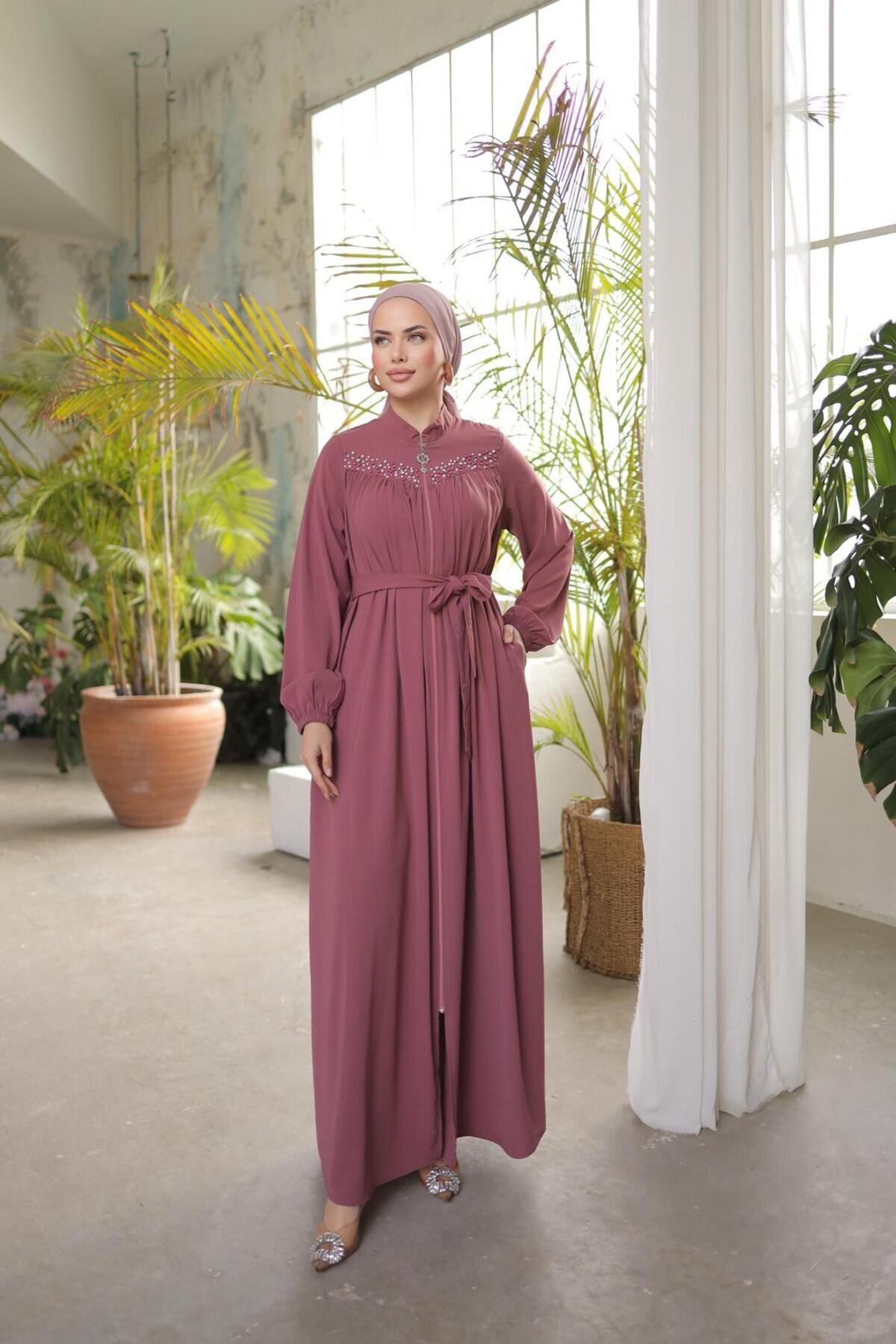 Yoked Beaded Abaya - Dark Pink - Nissra