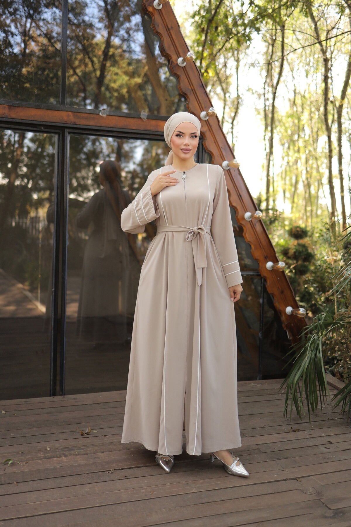 Double Piping Abaya - Cream Light Beige - Nissra