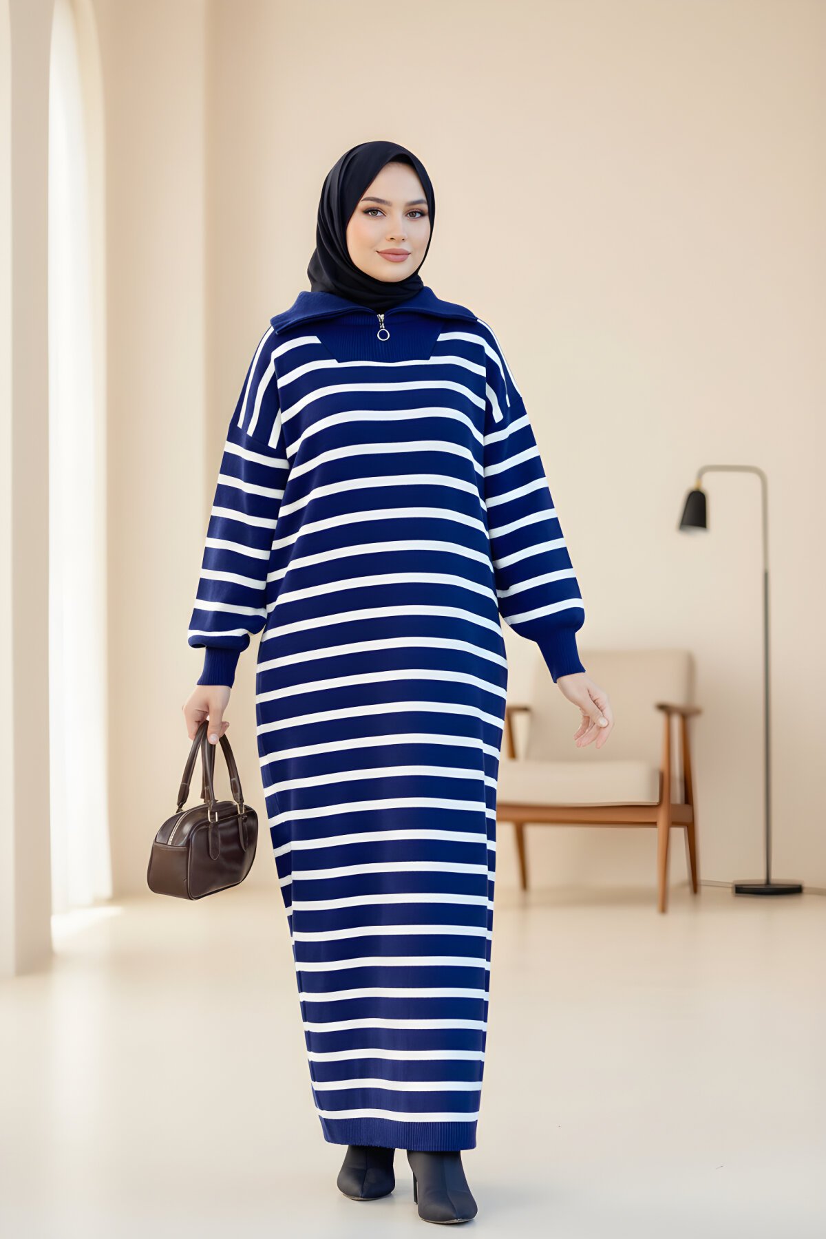 Striped Knitted Zip-Neck Modest Dress - Navy Blue - Nissra