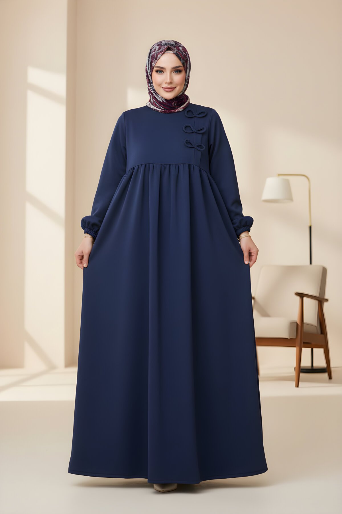 Modest Knitted Bow Detail Dress - Navy Blue - Nissra