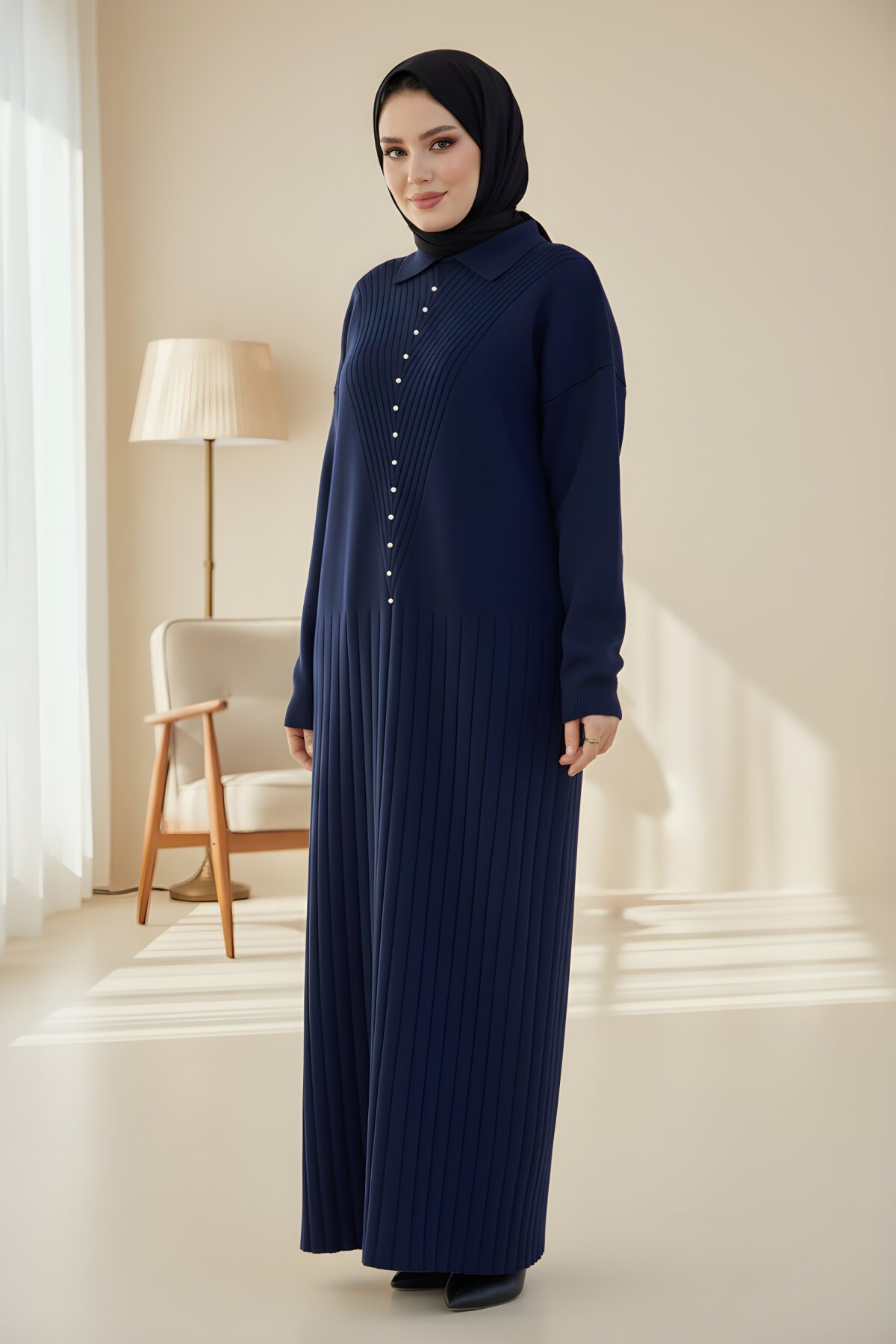 Modest Knitted Stone-Detail Dress - Navy - Nissra
