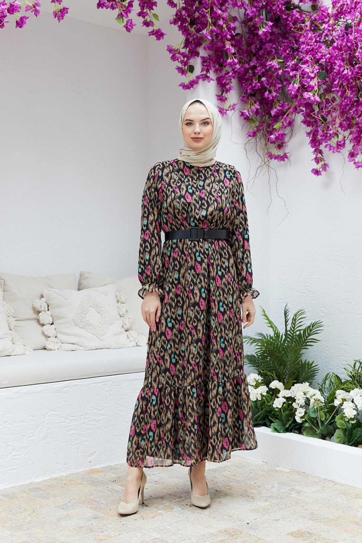 Relaxed Fit Leopard Chiffon Ruched Modest Dress - Nissra