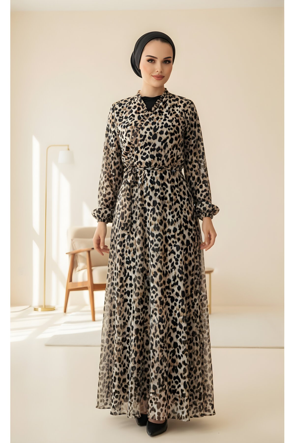 Modest Leopard Chiffon Wrap Neck Dress - Nissra