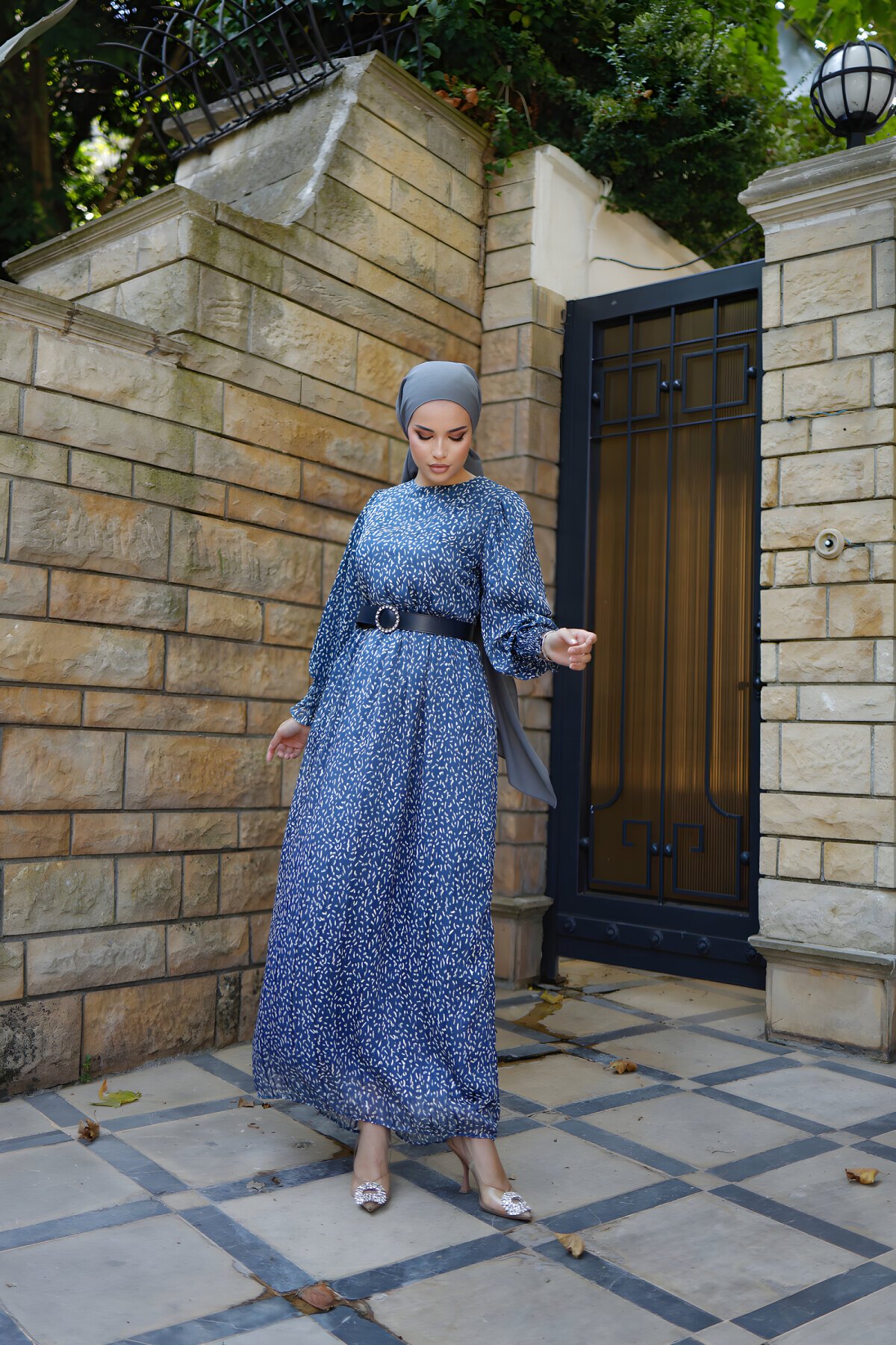 Modest Patterned Chiffon Shimmering Balloon Sleeve Dress - Blue - Nissra