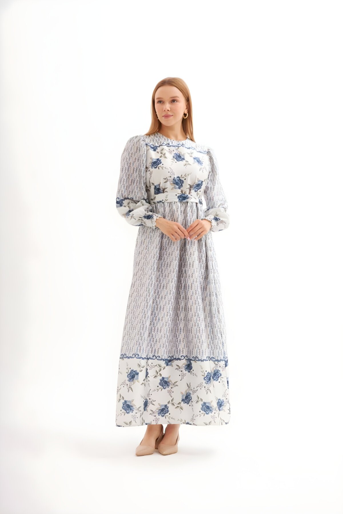 Modest Watercolor Floral Satin Dress - Blue - Nissra