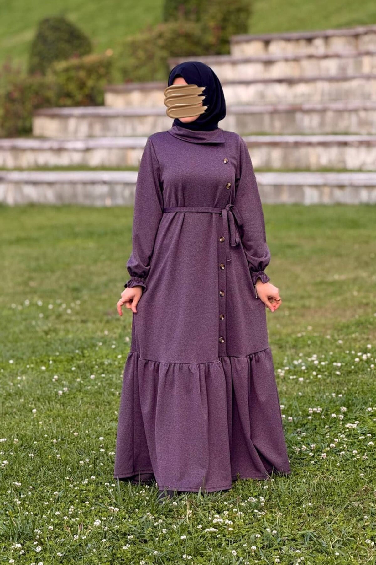 Mor Anvelop Örme Yandan Düğmeli Tesettür Elbise - Nissra