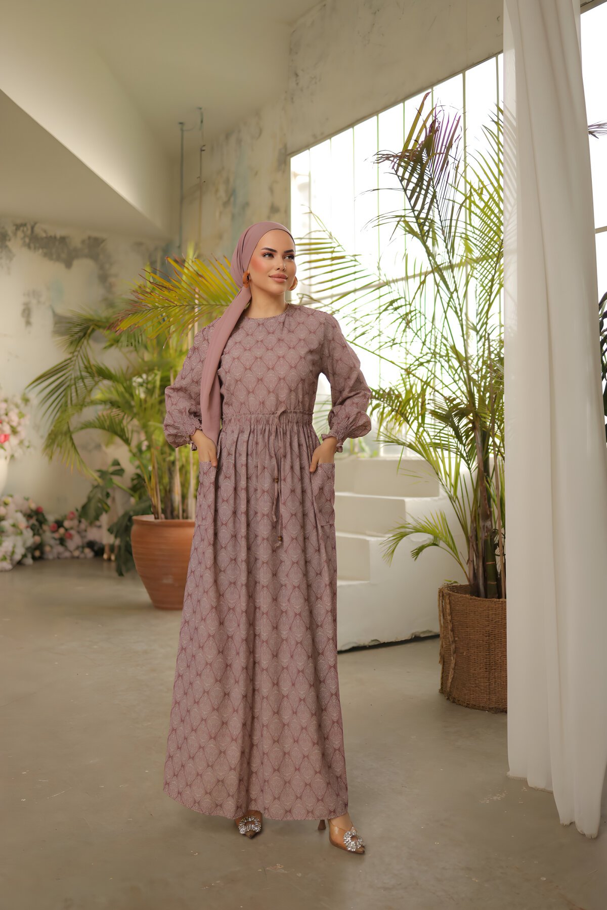 Fişek Modest Ethnic Patterned Elasticated Waist Dress - Pink - Nissra