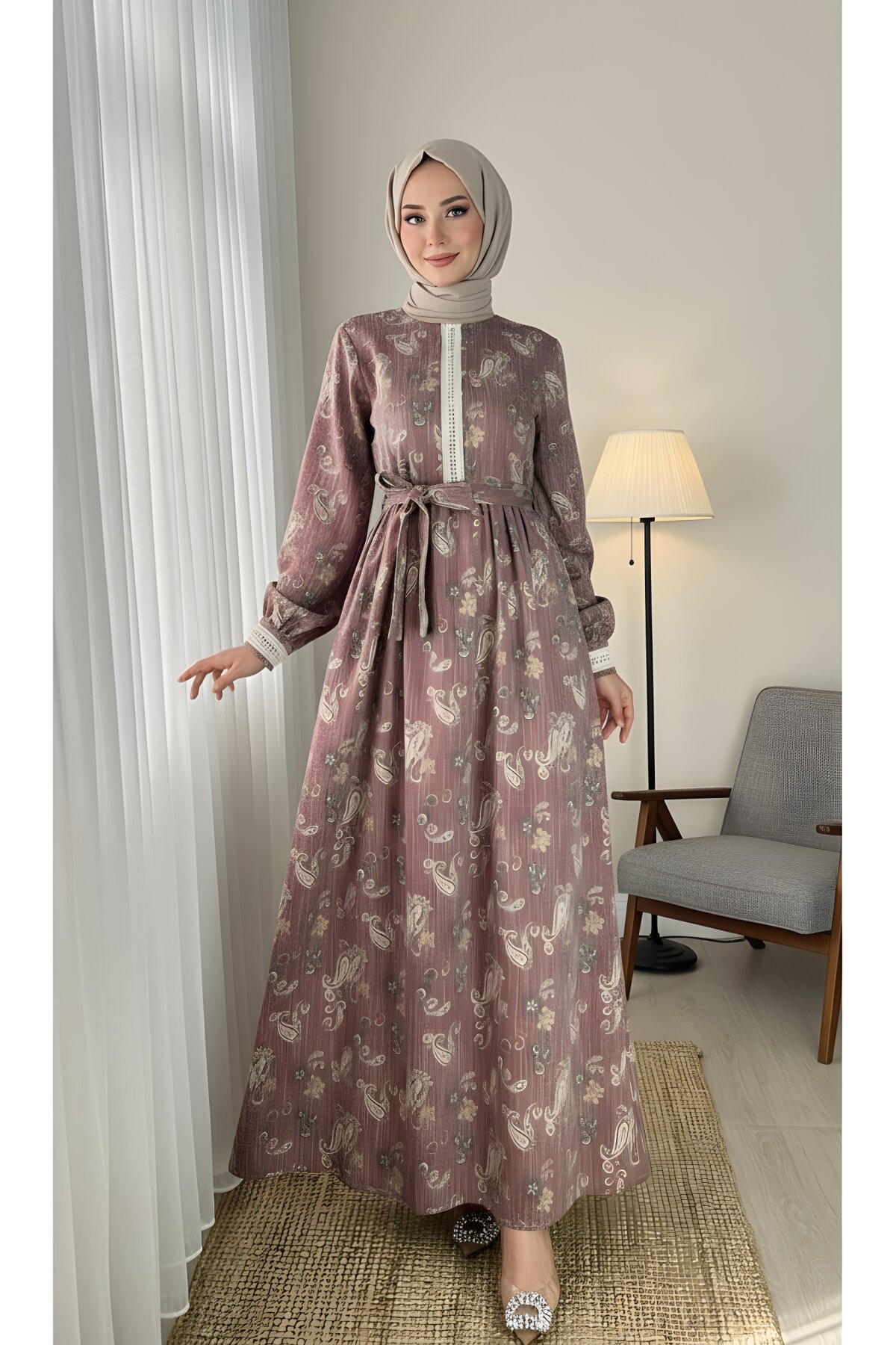 Modest Linen Shawl Pattern Lace-Detail Dress - Pink - Nissra