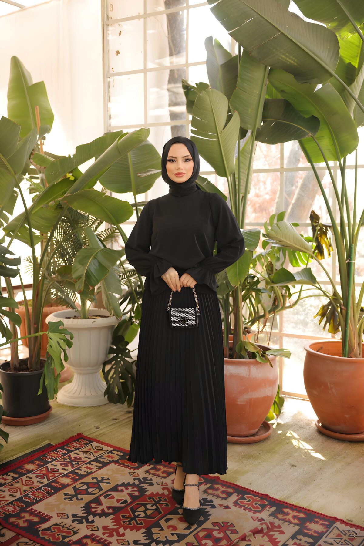 Modest Pleated-Skirt Dress - Black - Nissra