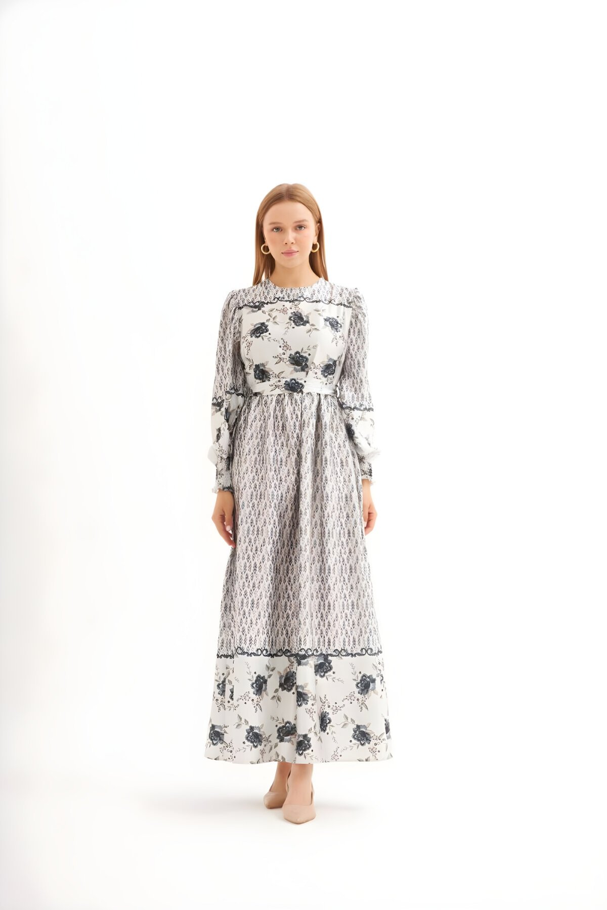 Modest Watercolor Flower Pattern Satin Dress - Black - Nissra