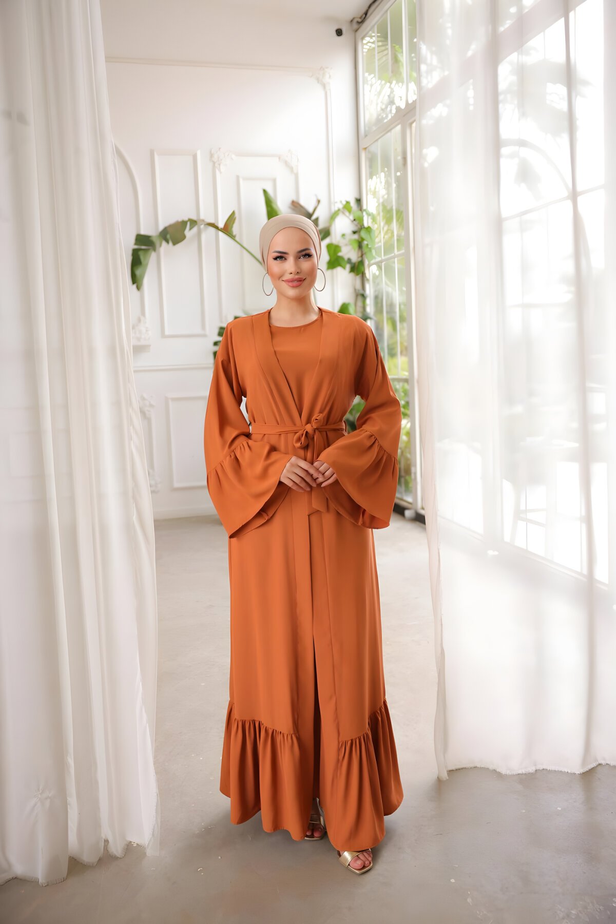 Two-Piece Ruffled Modest Evening Set - Terracotta Orange - Nissra