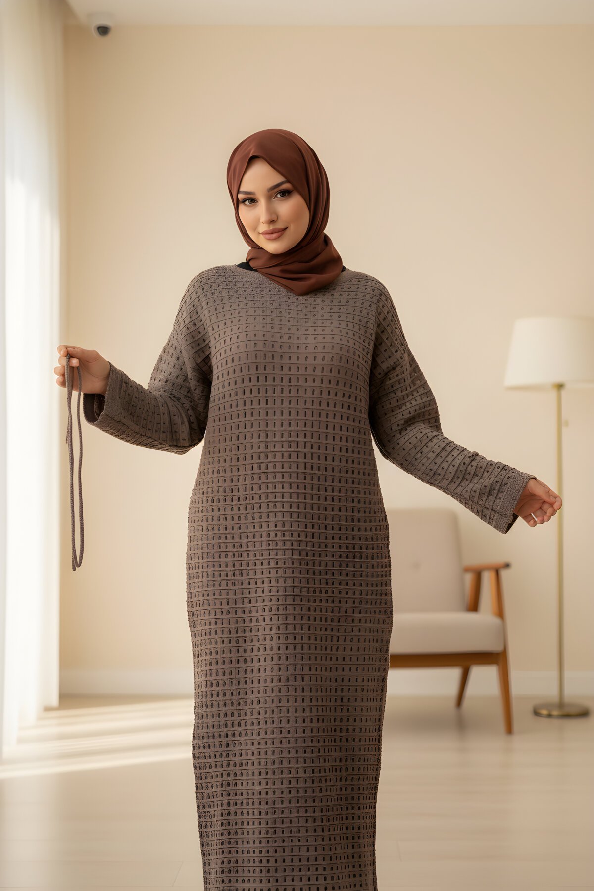 Long Sleeve Mesh Knit Lined Modest Dress - Mink - Nissra