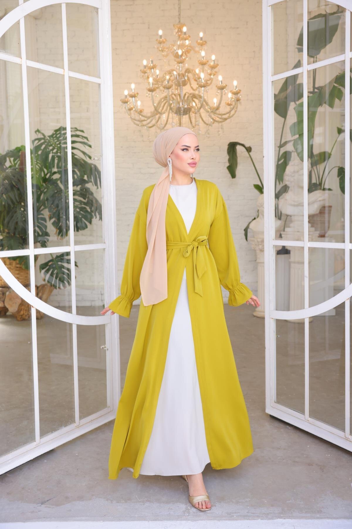 Belted Trimmed Abaya - Oil Green - Nissra