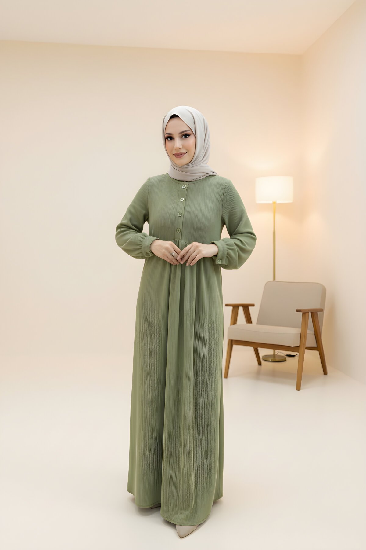 Yeşil Örme Yarım Pat Düğmeli Elbise