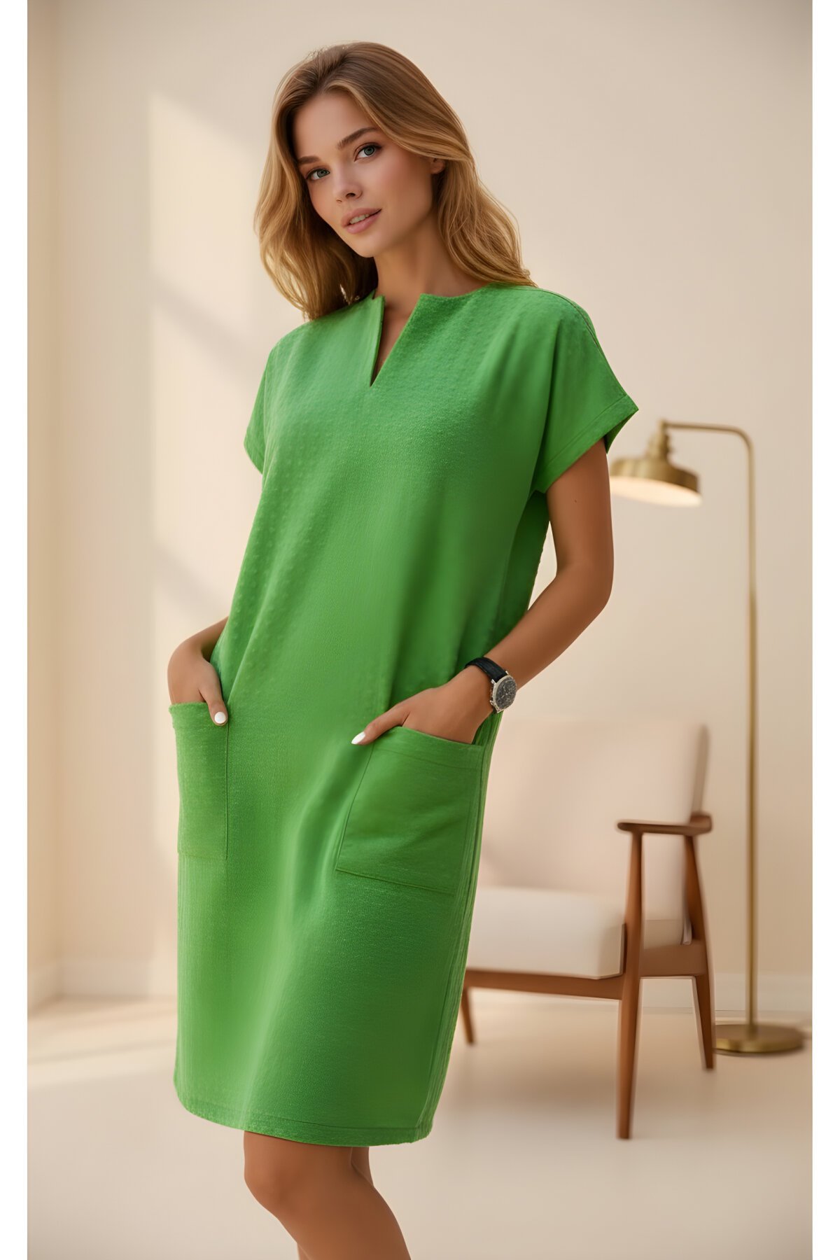 Midi Throw-on Special Textured Pocketed Dress - Light Green - Pasaklı Giyim