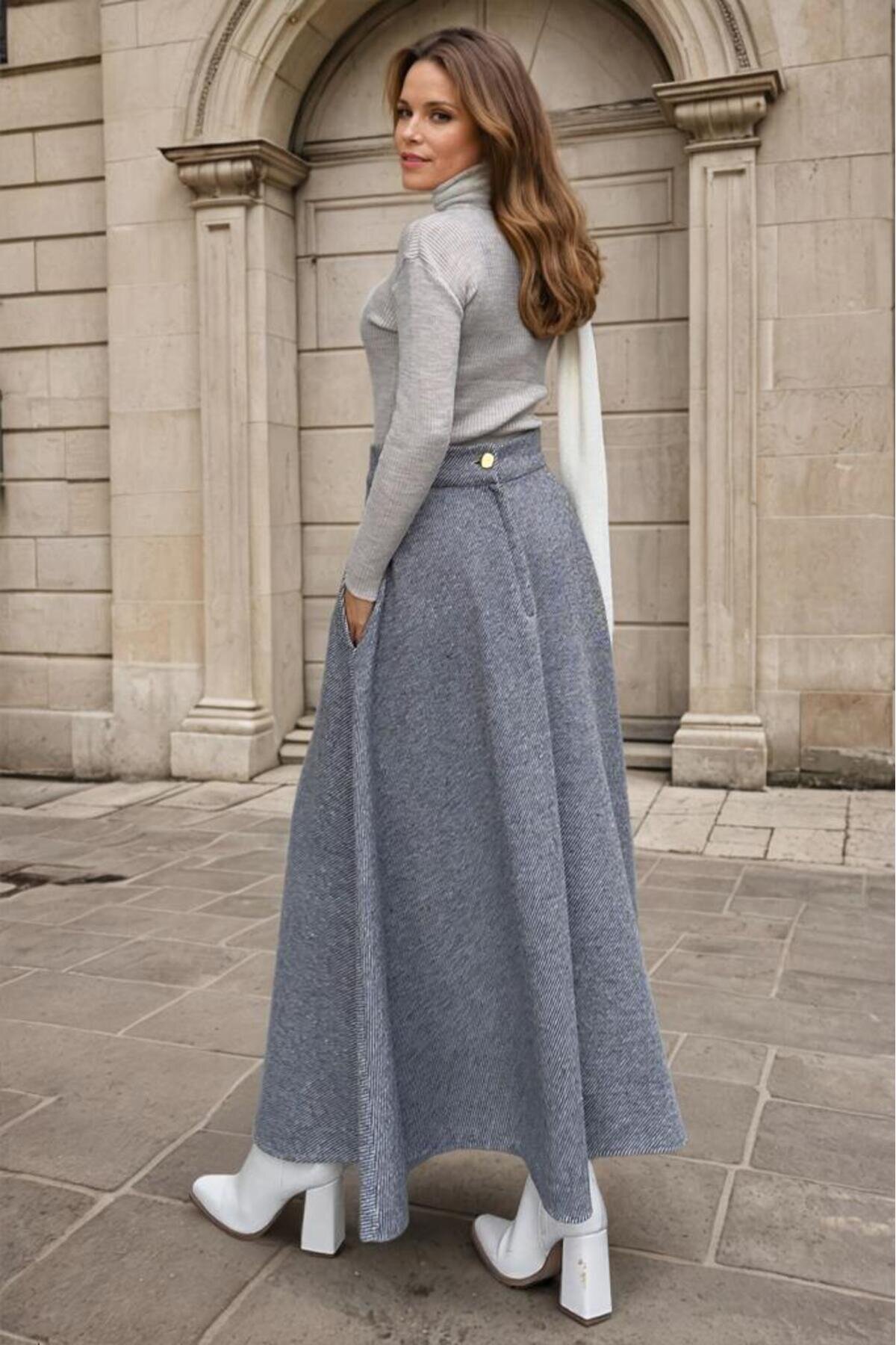 Long High-Waist Flared Flecked Cachet Pocketed Skirt - Anthracite - Pasaklı Giyim