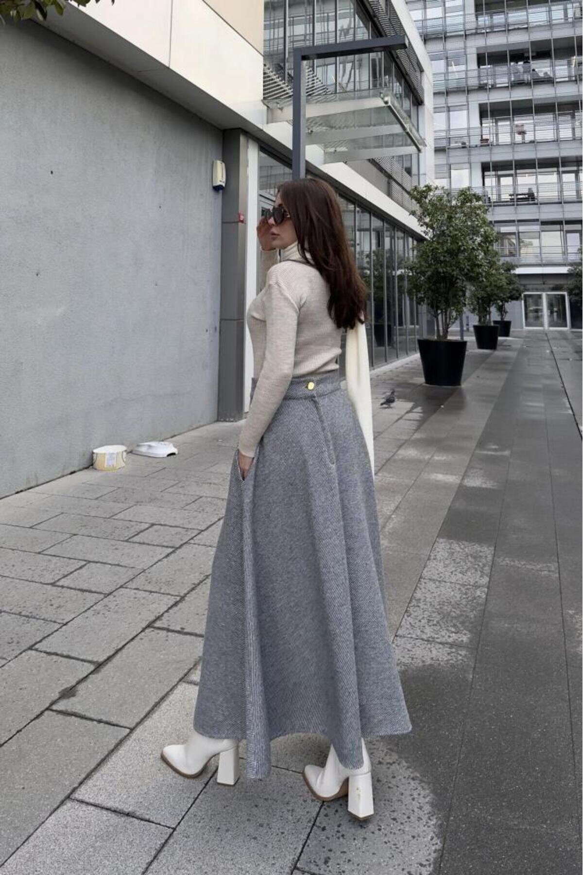 Long High-Waist Flared Flecked Cachet Pocketed Skirt - Anthracite - Pasaklı Giyim