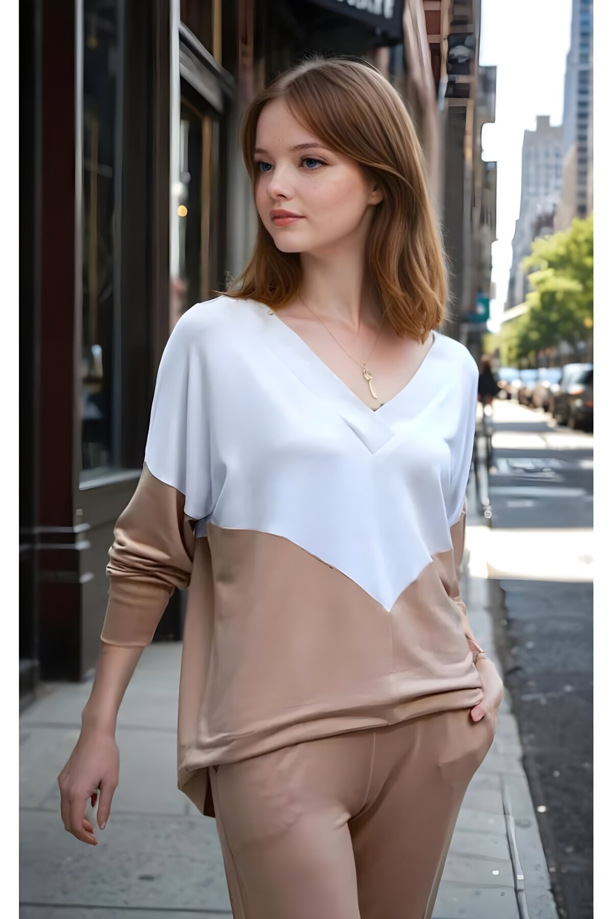 Bej Beyaz Rahat V Yaka Yumuşak Dokulu 3 İplik Penye Bluz - Pasaklı Giyim