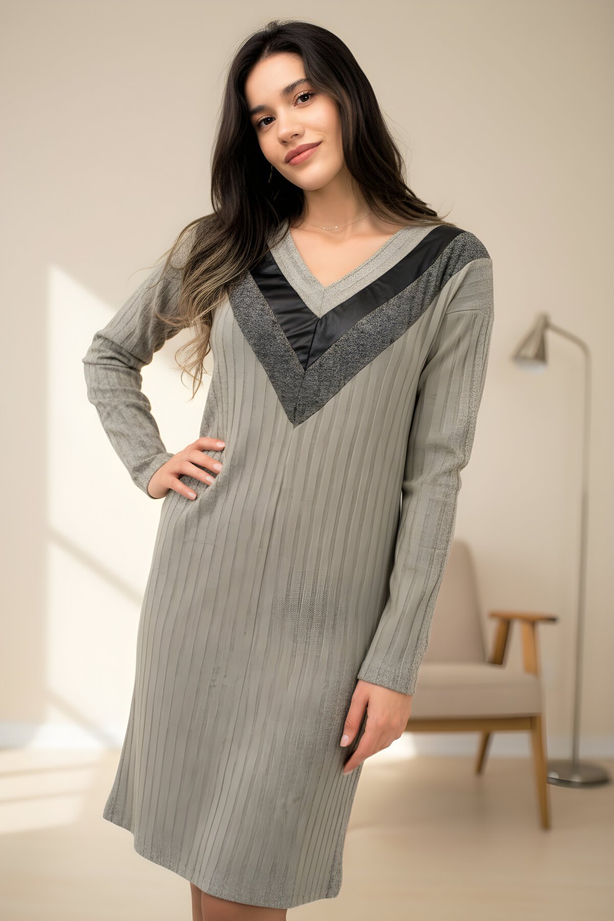 Midi Long-Sleeve Soft Cotton Knit V-Neck Leather-Trim Dress - Beige - Pasaklı Giyim