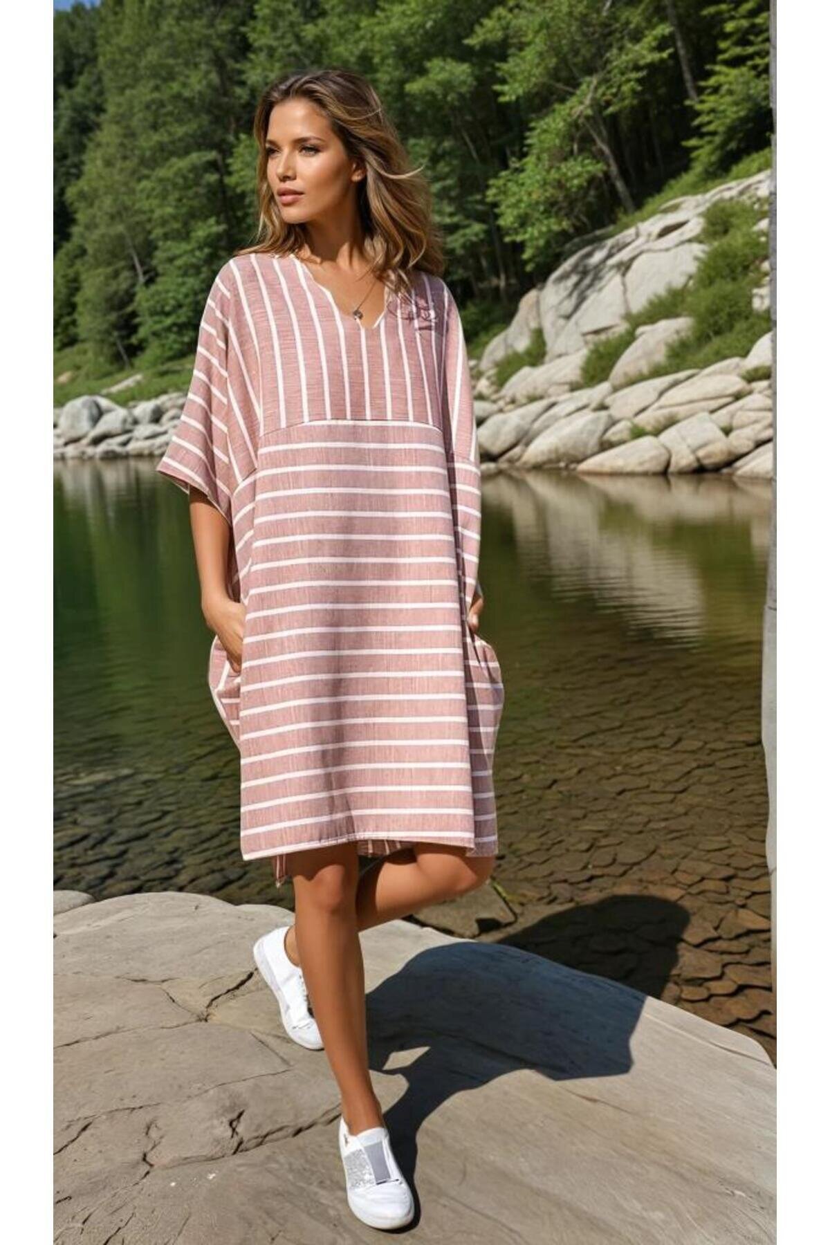 Oversized Midi Striped Linen V-Neck Dress - Maroon & Beige - Pasaklı Giyim