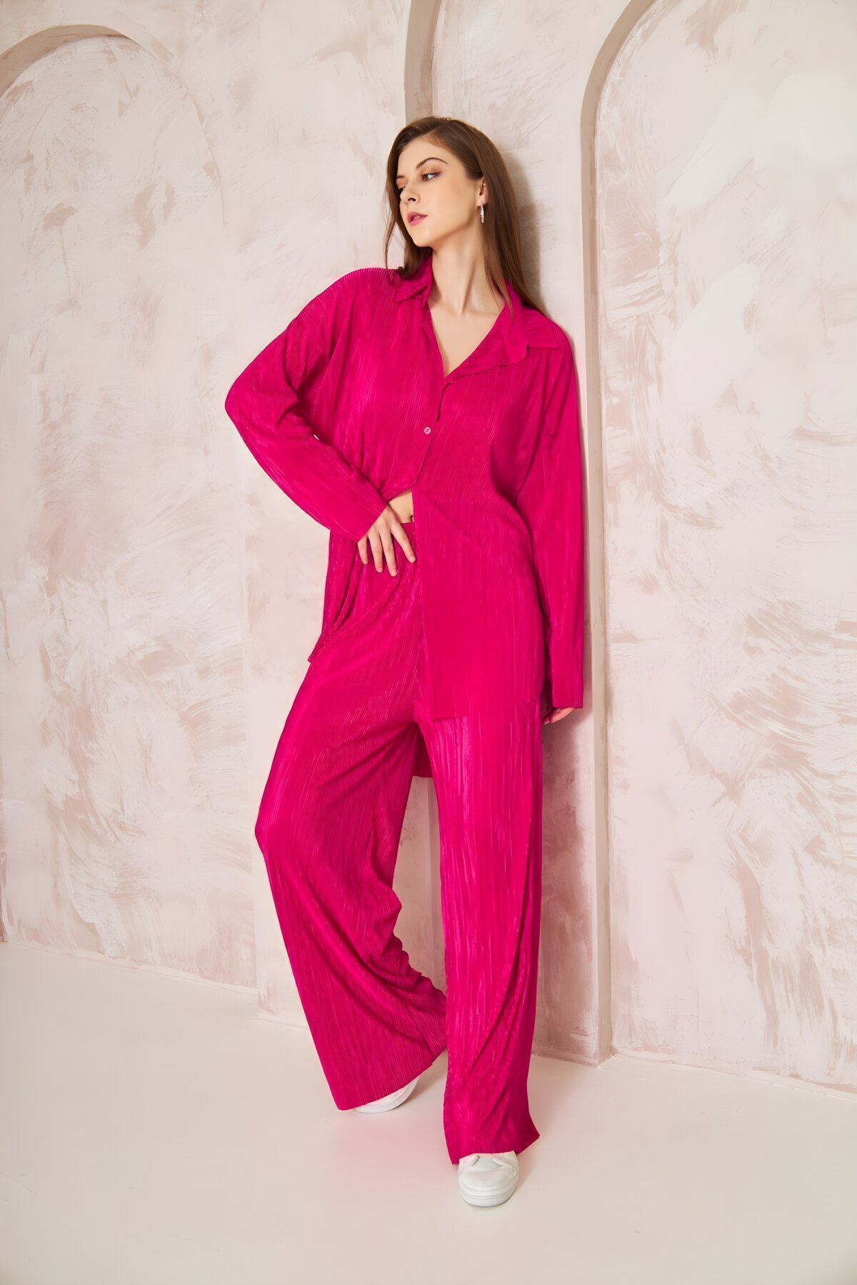 Relaxed Fit Wide Leg Crinkle Textured Stretchy Pants Two-Piece Set - Fuchsia - Pasaklı Giyim