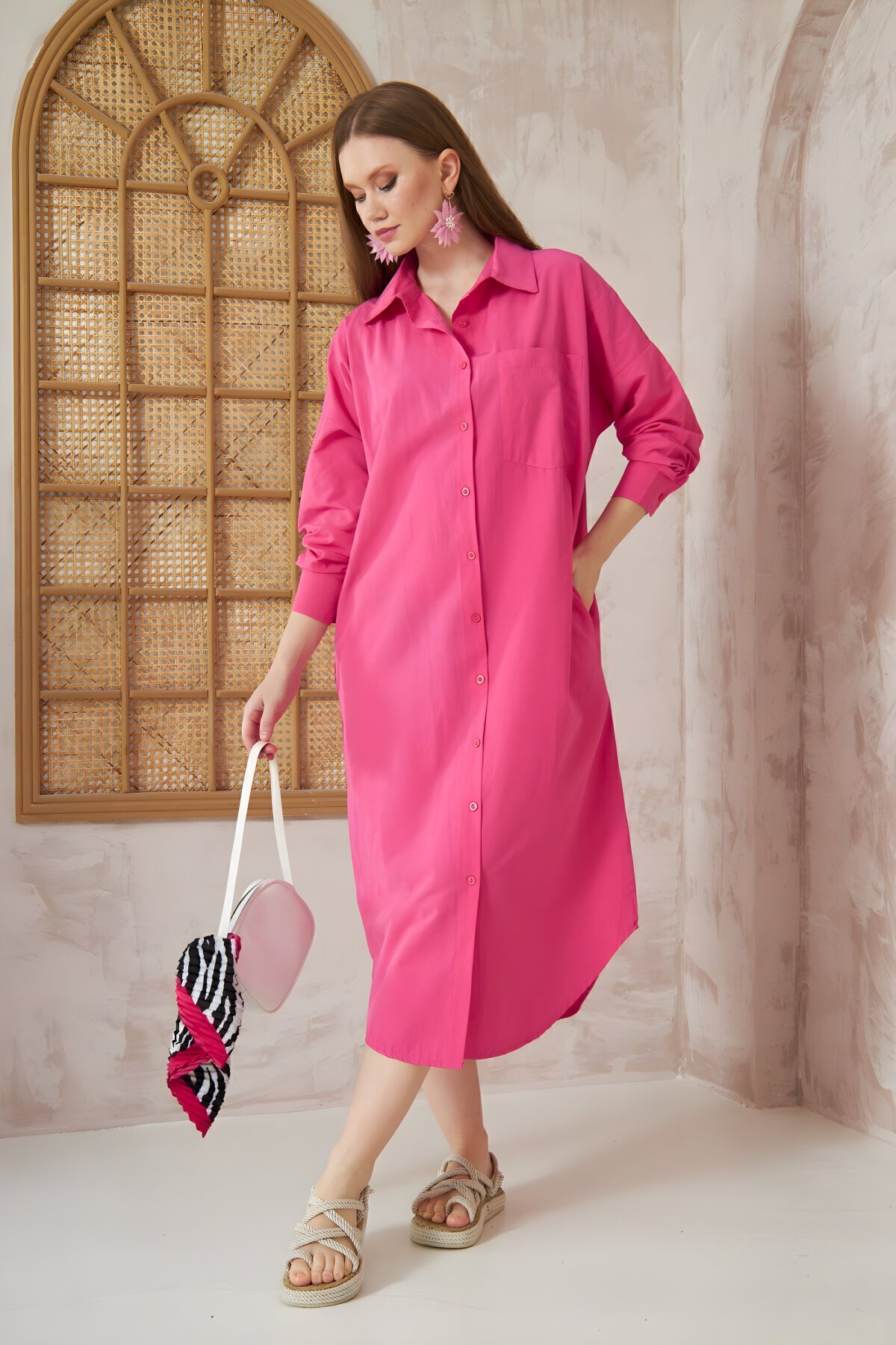 Oversize Midi Poplin Pocketed Long Sleeve Shirt Dress - Fuchsia Pink - Pasaklı Giyim