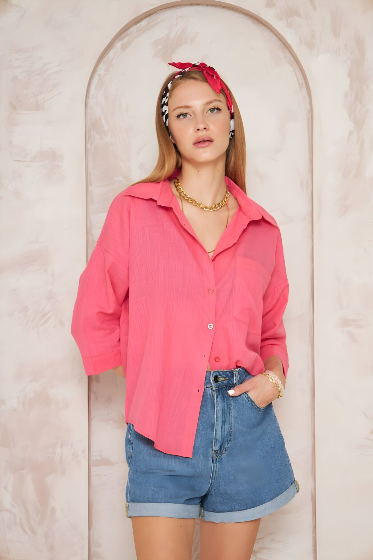 Relaxed Fit Casual 3/4 Sleeve Linen Pocketed Shirt - Fuchsia - Pasaklı Giyim