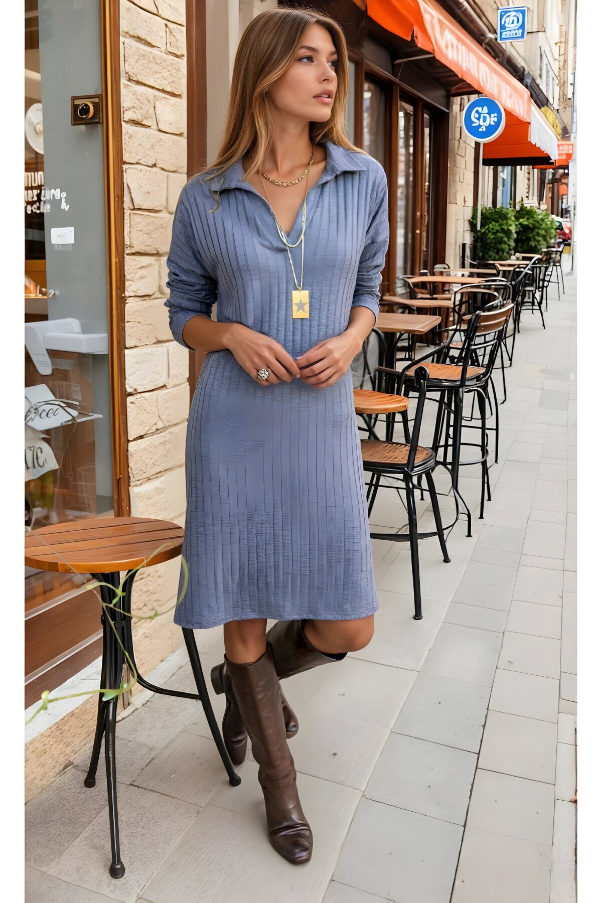 Oversize Midi Casual Ribbed Knit Long Sleeve Polo Collar Dress - Gray - Pasaklı Giyim